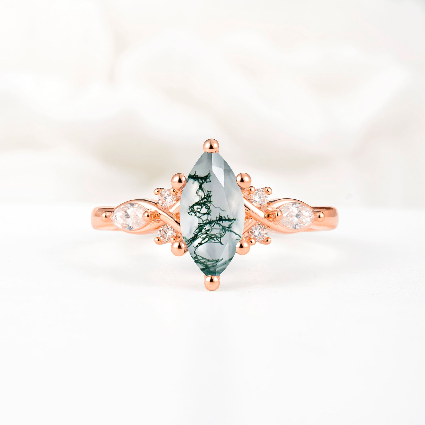 Classic Marquise Cut Side Accent Twisted Shank Moss Agate Engagement Ring - Additional view