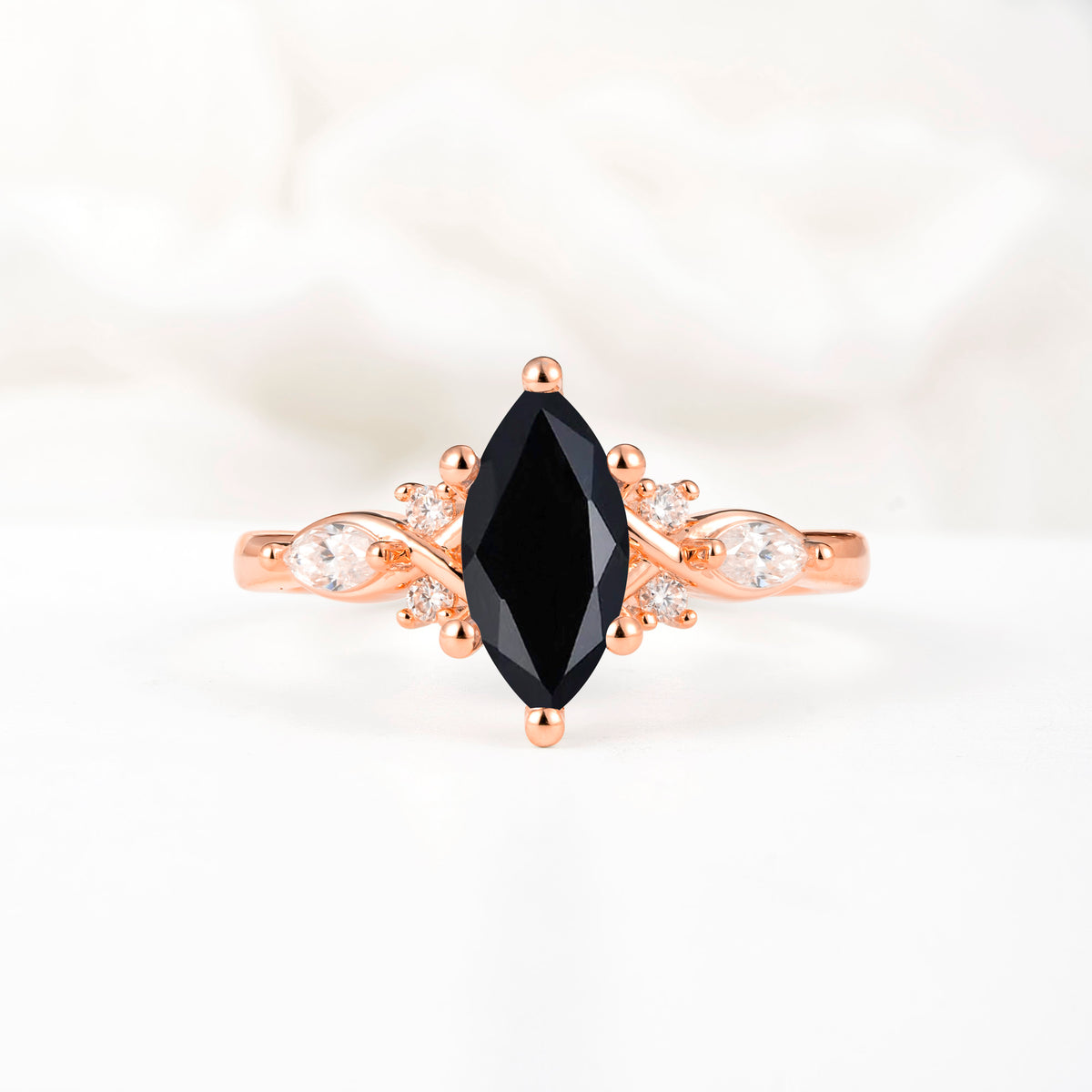 Classic Marquise Cut Side Accent Twisted Shank Black Onyx Engagement Ring - Additional view