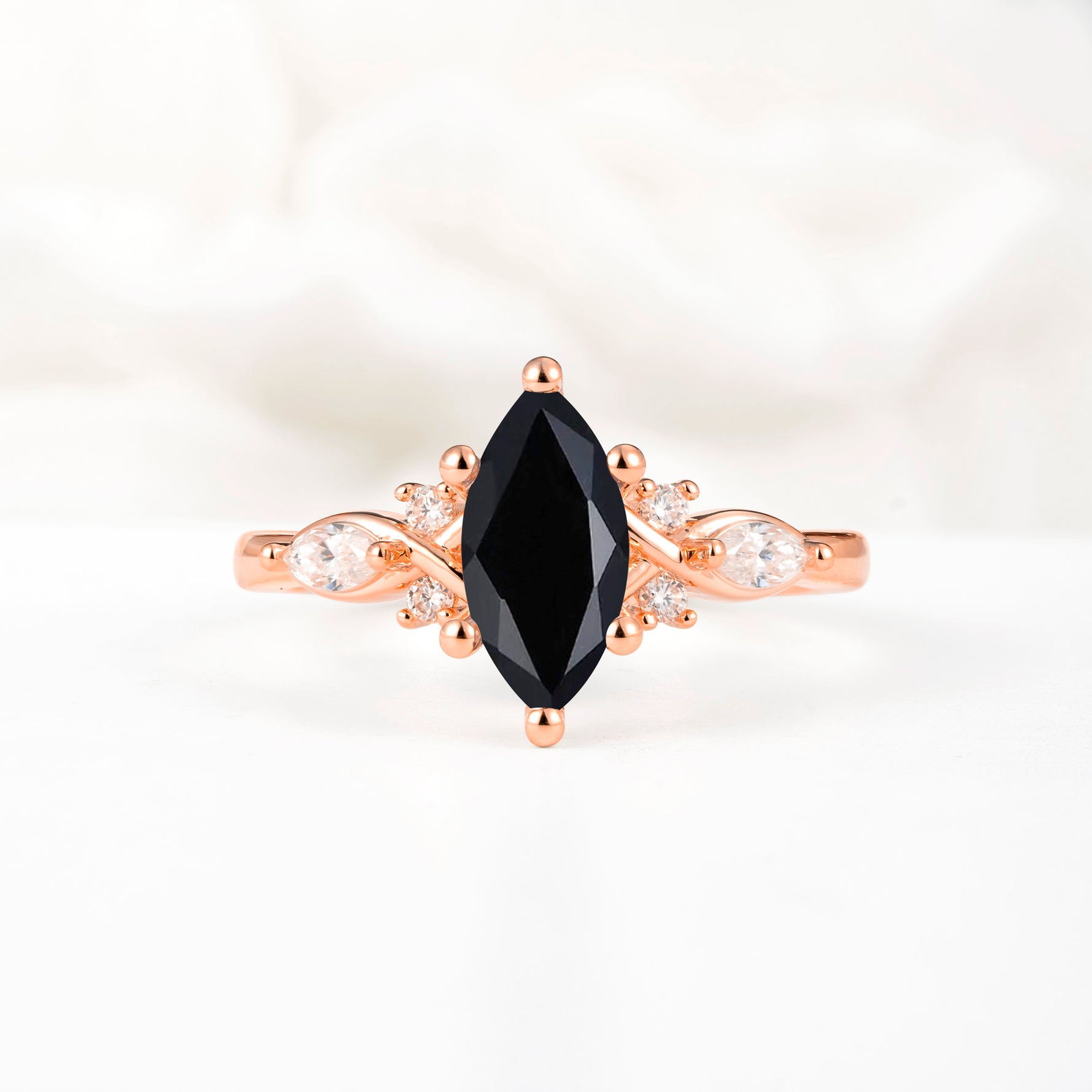 Classic Marquise Cut Side Accent Twisted Shank Black Onyx Engagement Ring - Additional view