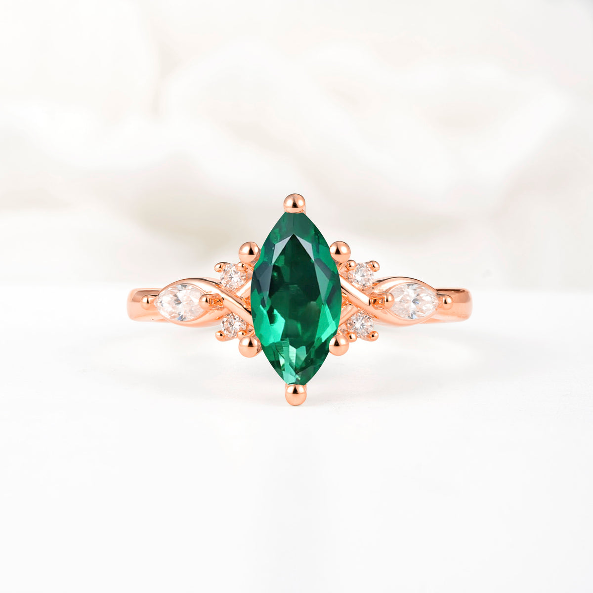 Classic Marquise Cut Side Accent Twisted Shank Emerald Engagement Ring - Additional view