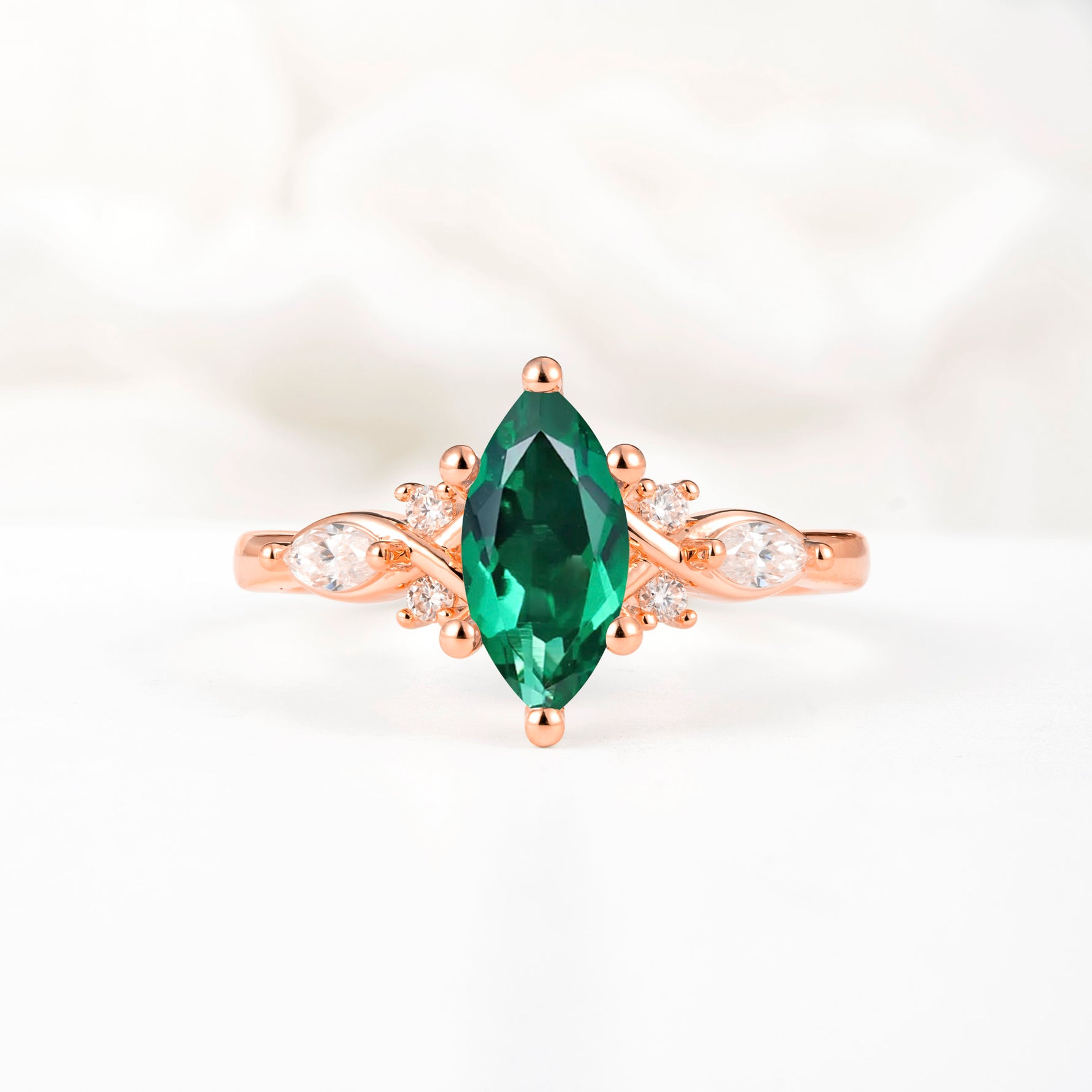 Classic Marquise Cut Side Accent Twisted Shank Emerald Engagement Ring - Additional view