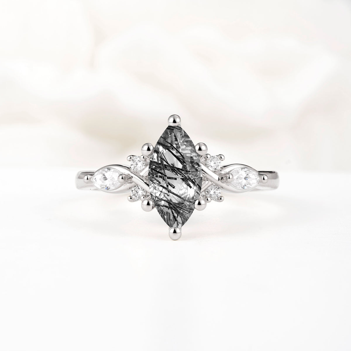 Classic Marquise Cut Side Accent Twisted Shank Black Rutilated Quartz Engagement Ring - Additional view