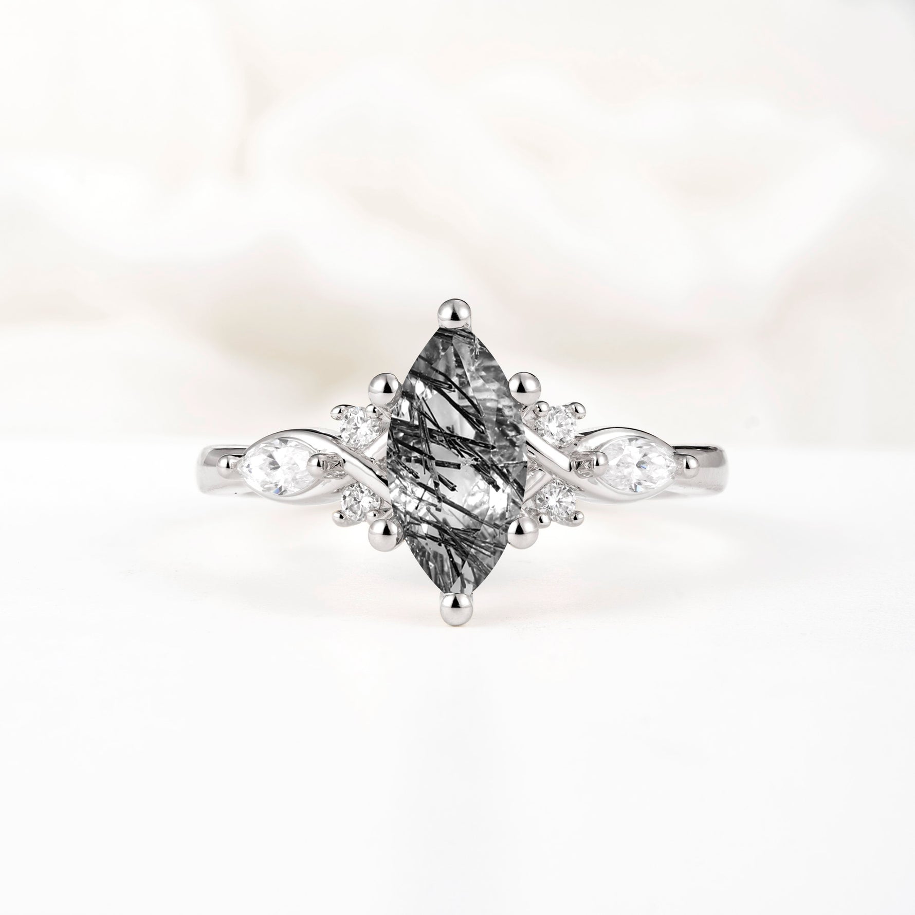 Classic Marquise Cut Side Accent Twisted Shank Black Rutilated Quartz Engagement Ring - Additional view