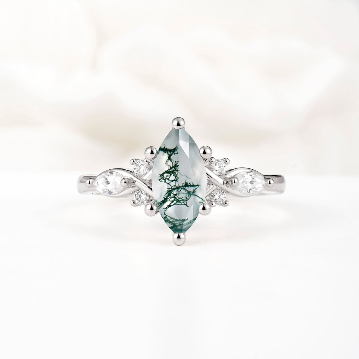 Classic Marquise Cut Side Accent Twisted Shank Moss Agate Engagement Ring - Additional view