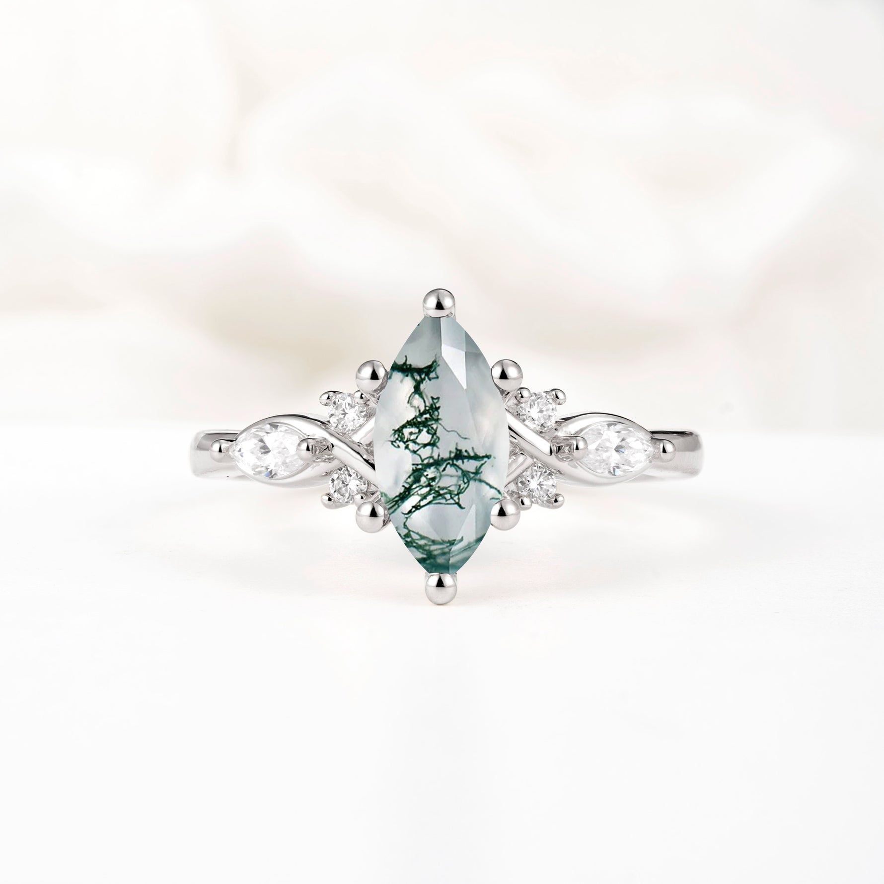 Classic Marquise Cut Side Accent Twisted Shank Moss Agate Engagement Ring - Additional view
