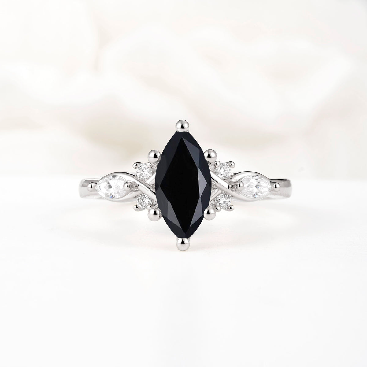 Classic Marquise Cut Side Accent Twisted Shank Black Onyx Engagement Ring - Additional view