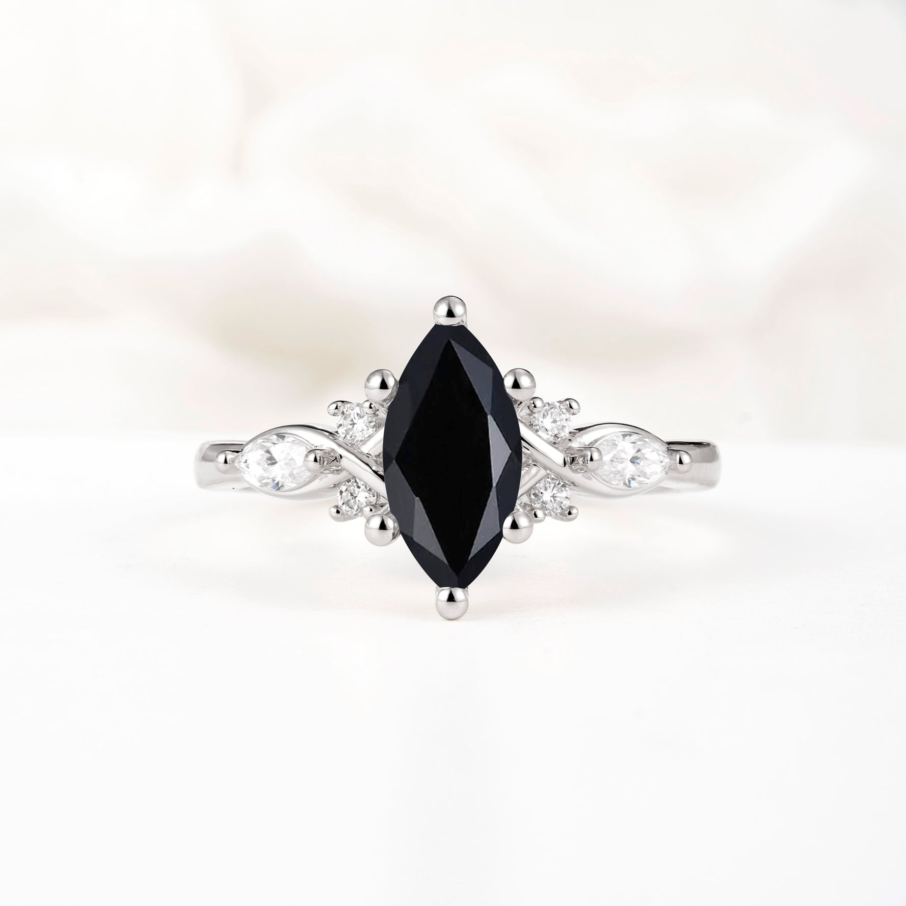 Classic Marquise Cut Side Accent Twisted Shank Black Onyx Engagement Ring - Additional view
