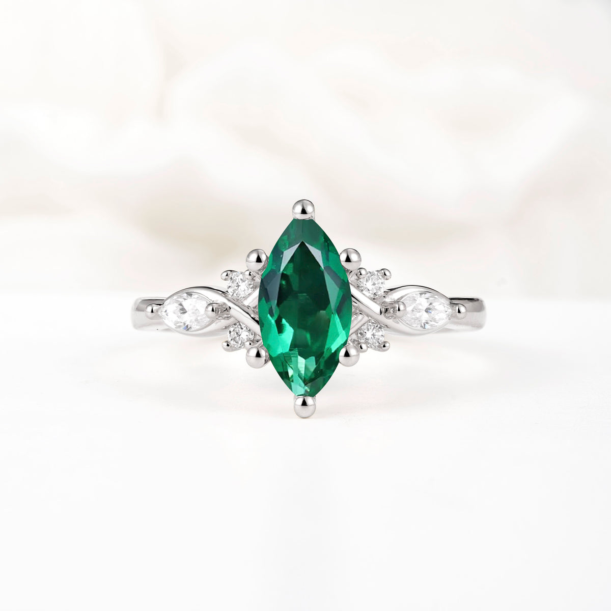 Classic Marquise Cut Side Accent Twisted Shank Emerald Engagement Ring - Additional view