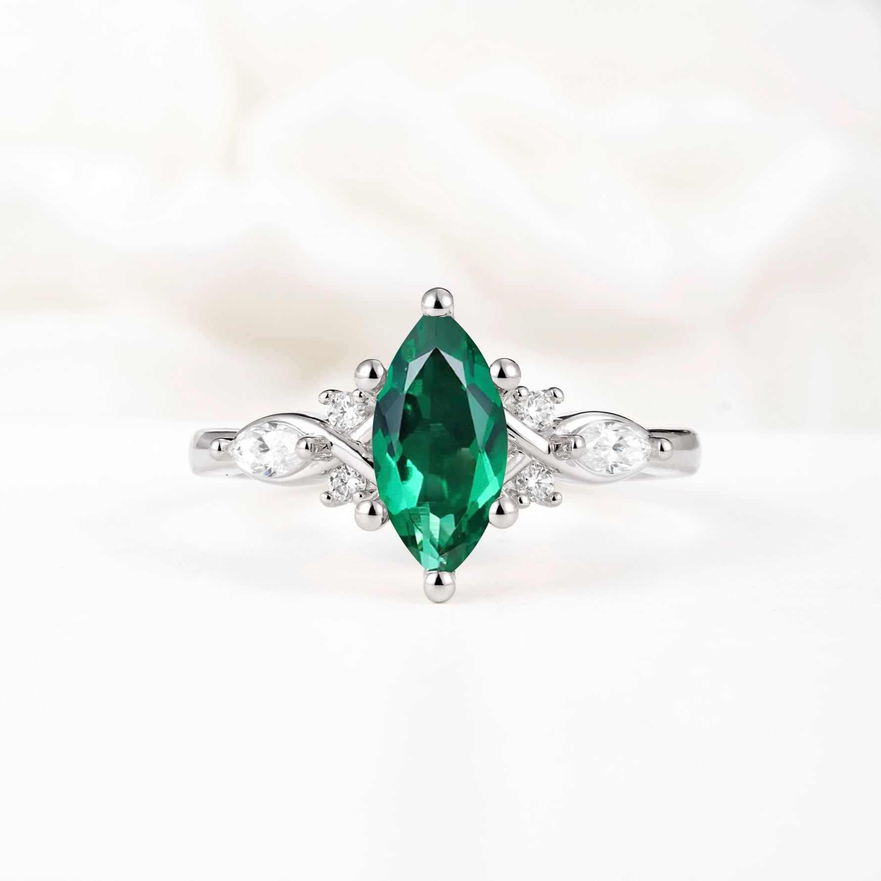 Classic Marquise Cut Side Accent Twisted Shank Emerald Engagement Ring - Additional view