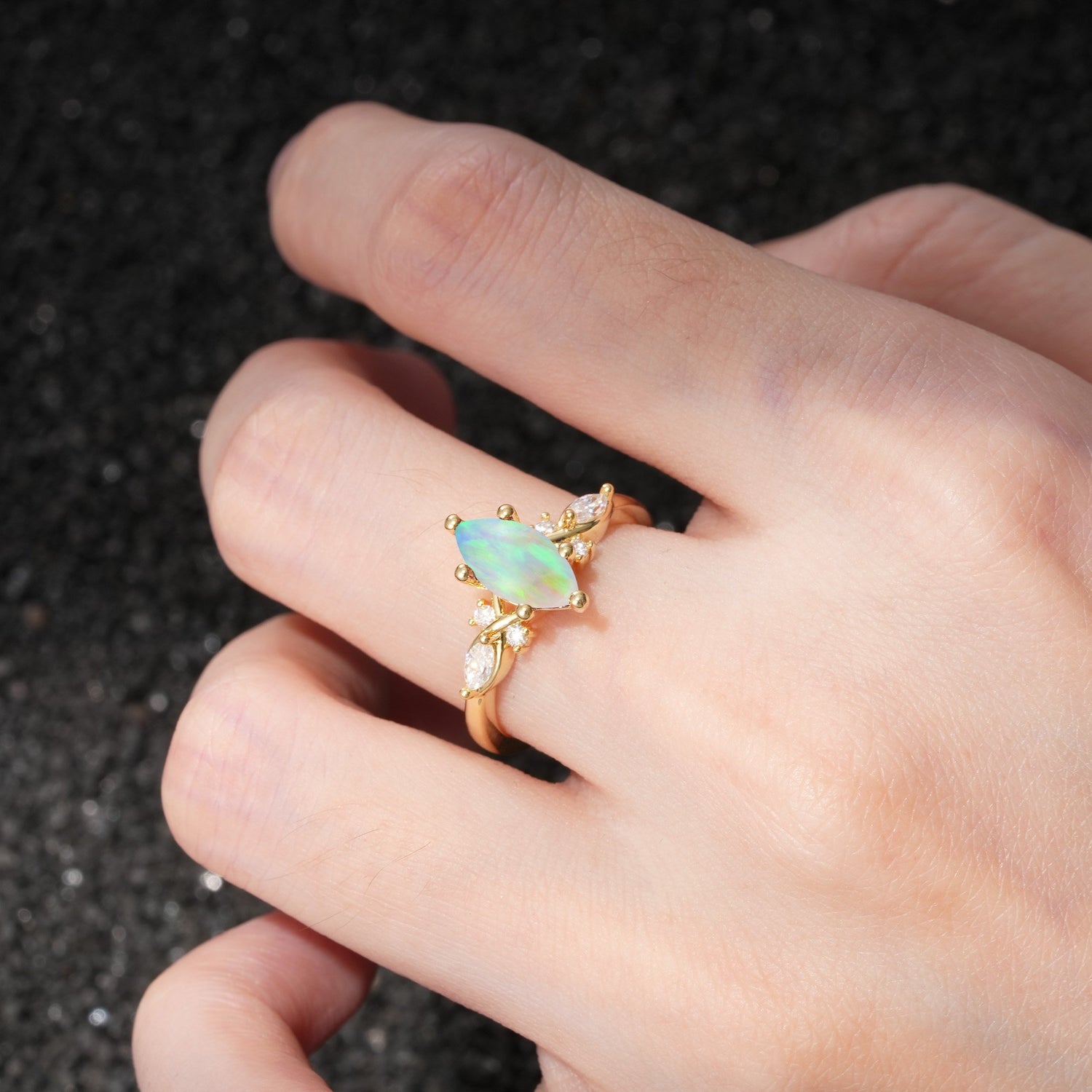 Classic Marquise Cut Side Accent Twisted Shank Fire Opal Engagement Ring