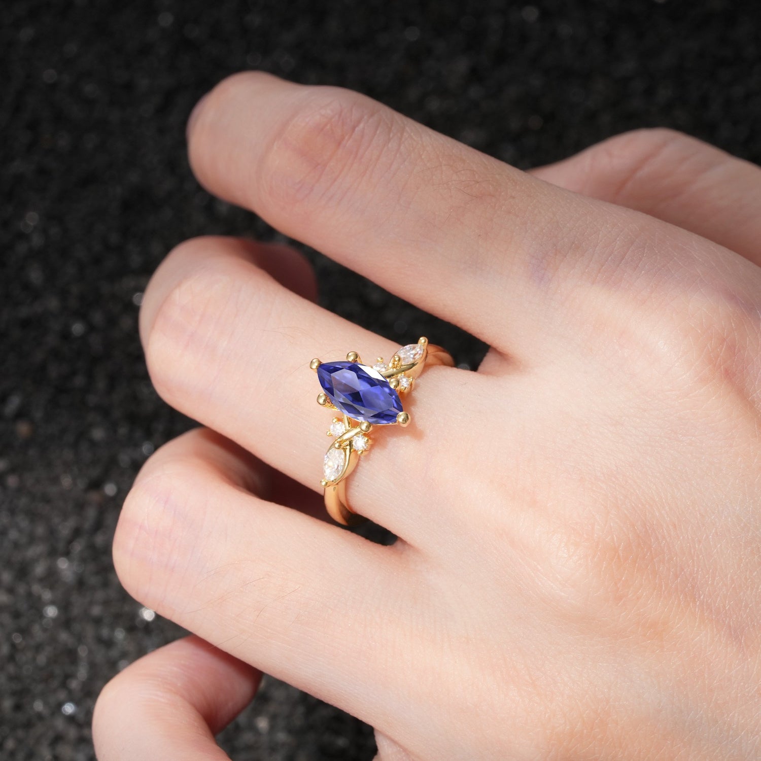 Classic Marquise Cut Side Accent Twisted Shank Tanzanite Engagement Ring