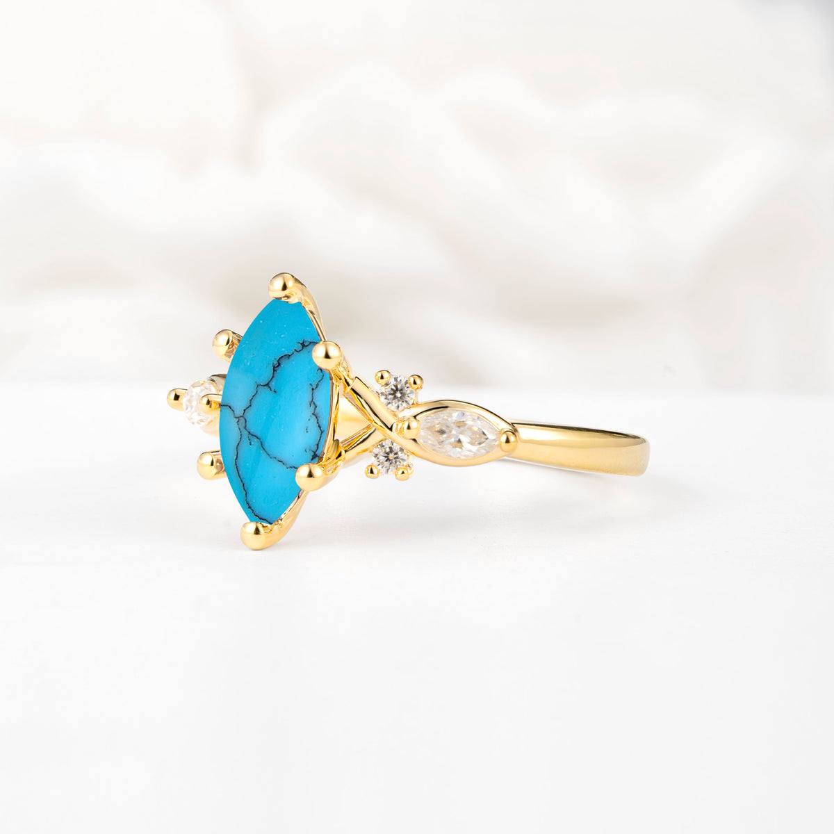 Classic Marquise Cut Side Accent Twisted Shank Turquoise Engagement Ring - Additional view