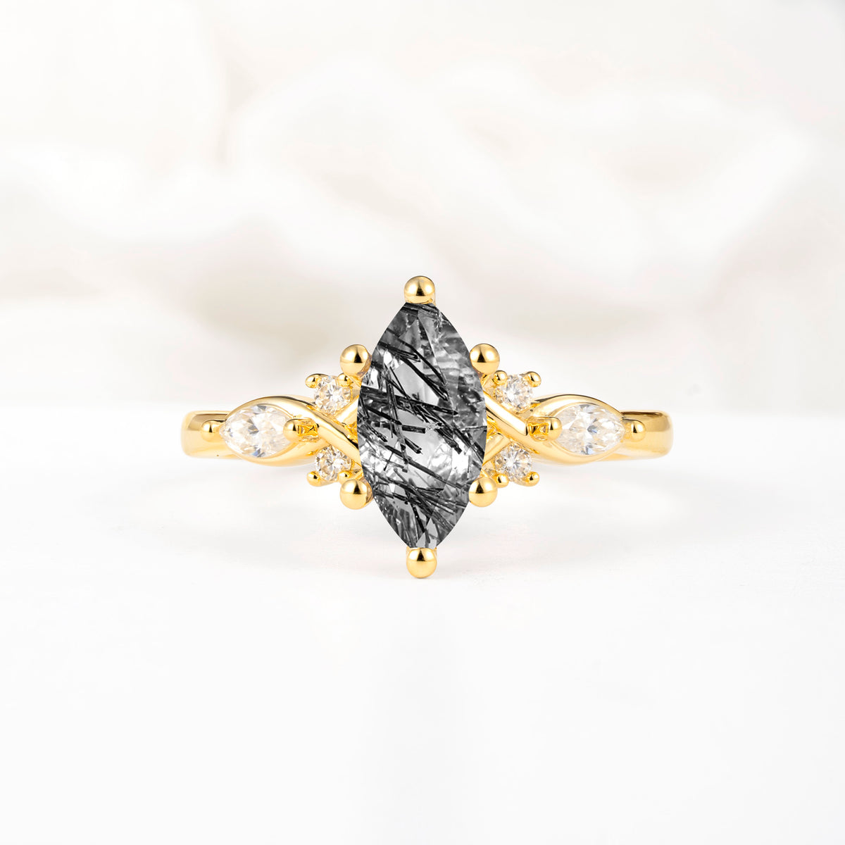 Classic Marquise Cut Side Accent Twisted Shank Black Rutilated Quartz Engagement Ring - Additional view