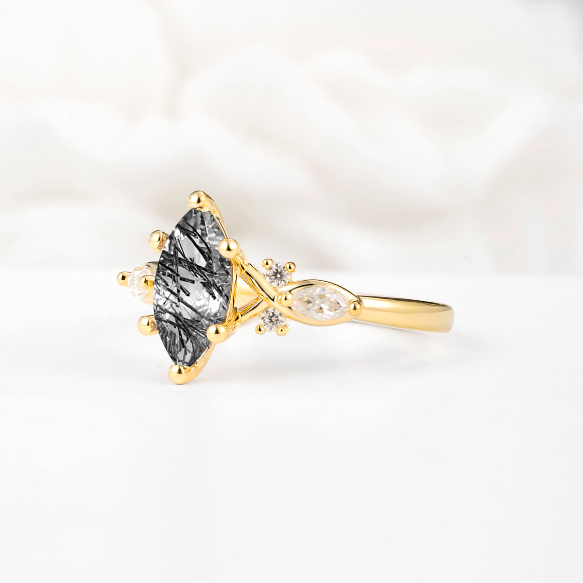 Classic Marquise Cut Side Accent Twisted Shank Black Rutilated Quartz Engagement Ring - Additional view