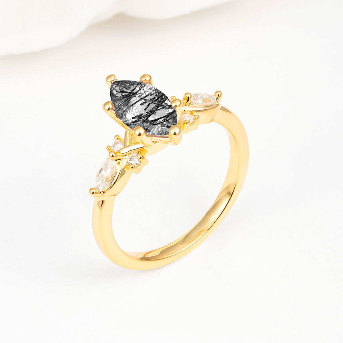 Classic Marquise Cut Side Accent Twisted Shank Black Rutilated Quartz Engagement Ring - Additional view