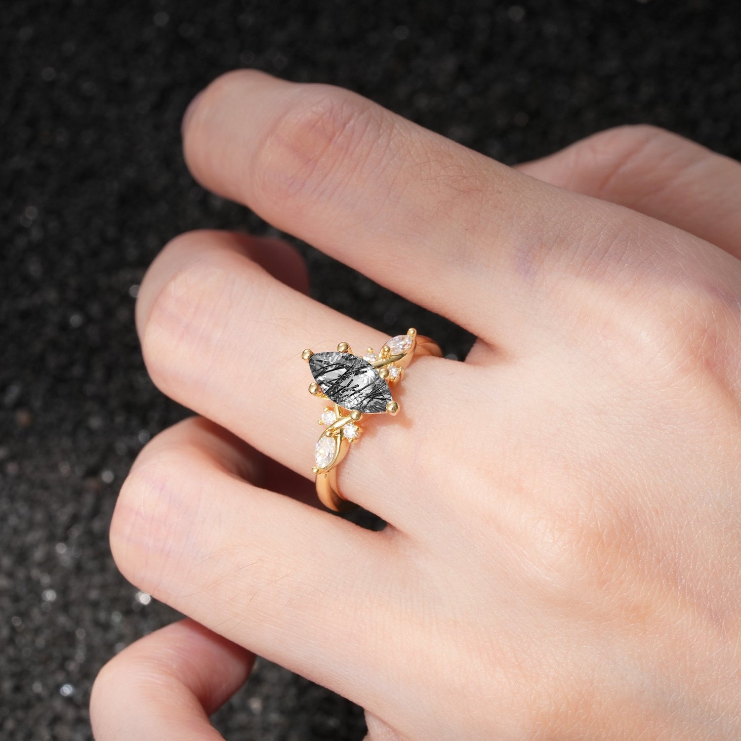 Classic Marquise Cut Side Accent Twisted Shank Black Rutilated Quartz Engagement Ring