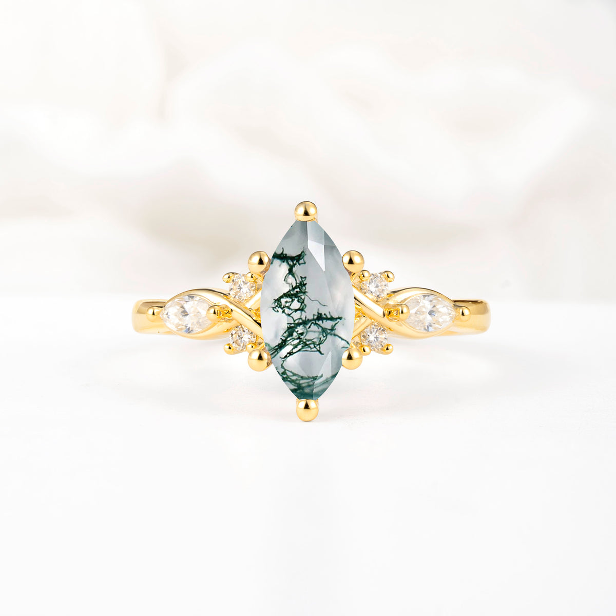 Classic Marquise Cut Side Accent Twisted Shank Moss Agate Engagement Ring - Additional view