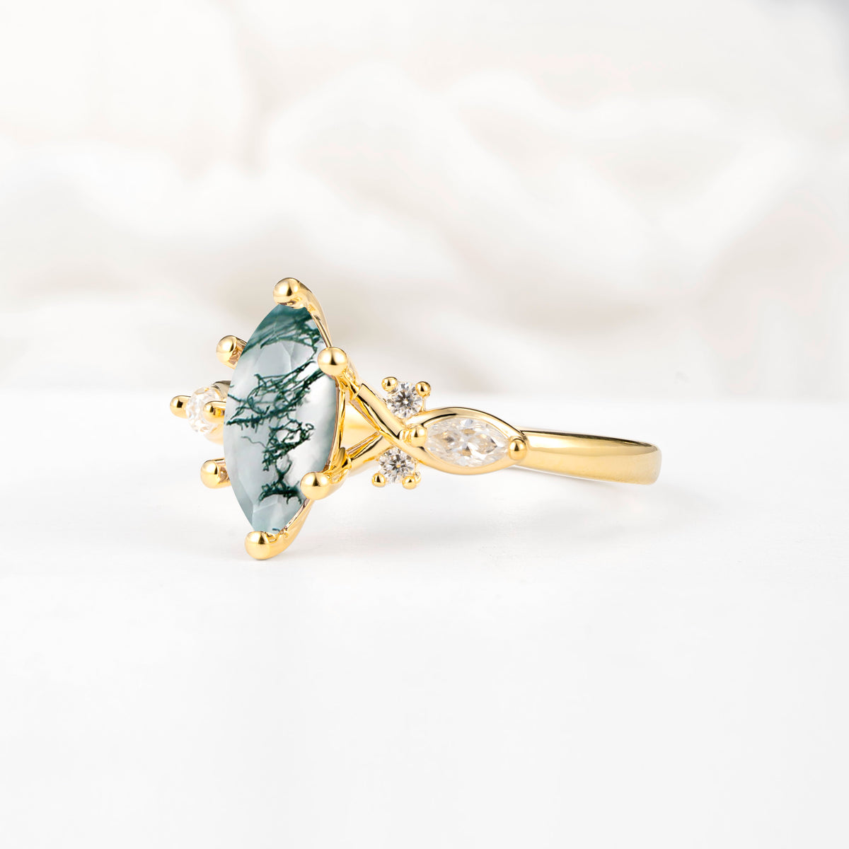 Classic Marquise Cut Side Accent Twisted Shank Moss Agate Engagement Ring - Additional view