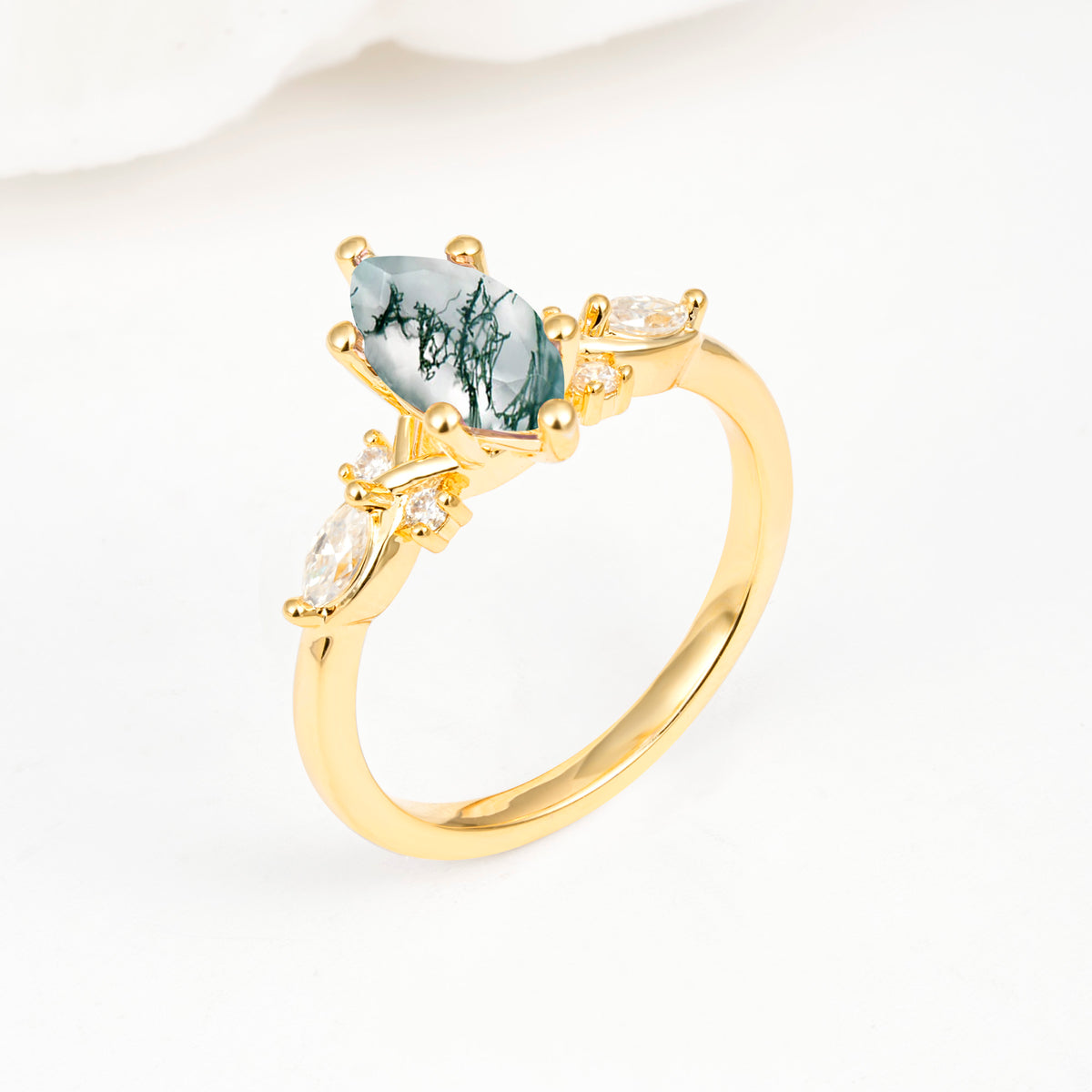 Classic Marquise Cut Side Accent Twisted Shank Moss Agate Engagement Ring - Additional view