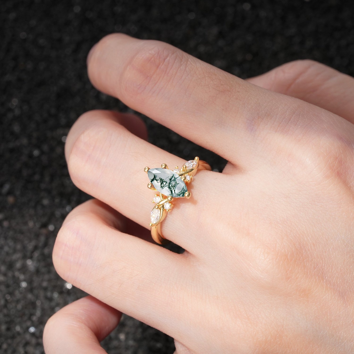 Classic Marquise Cut Side Accent Twisted Shank Moss Agate Engagement Ring