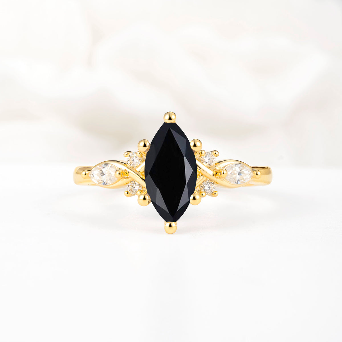 Classic Marquise Cut Side Accent Twisted Shank Black Onyx Engagement Ring - Additional view
