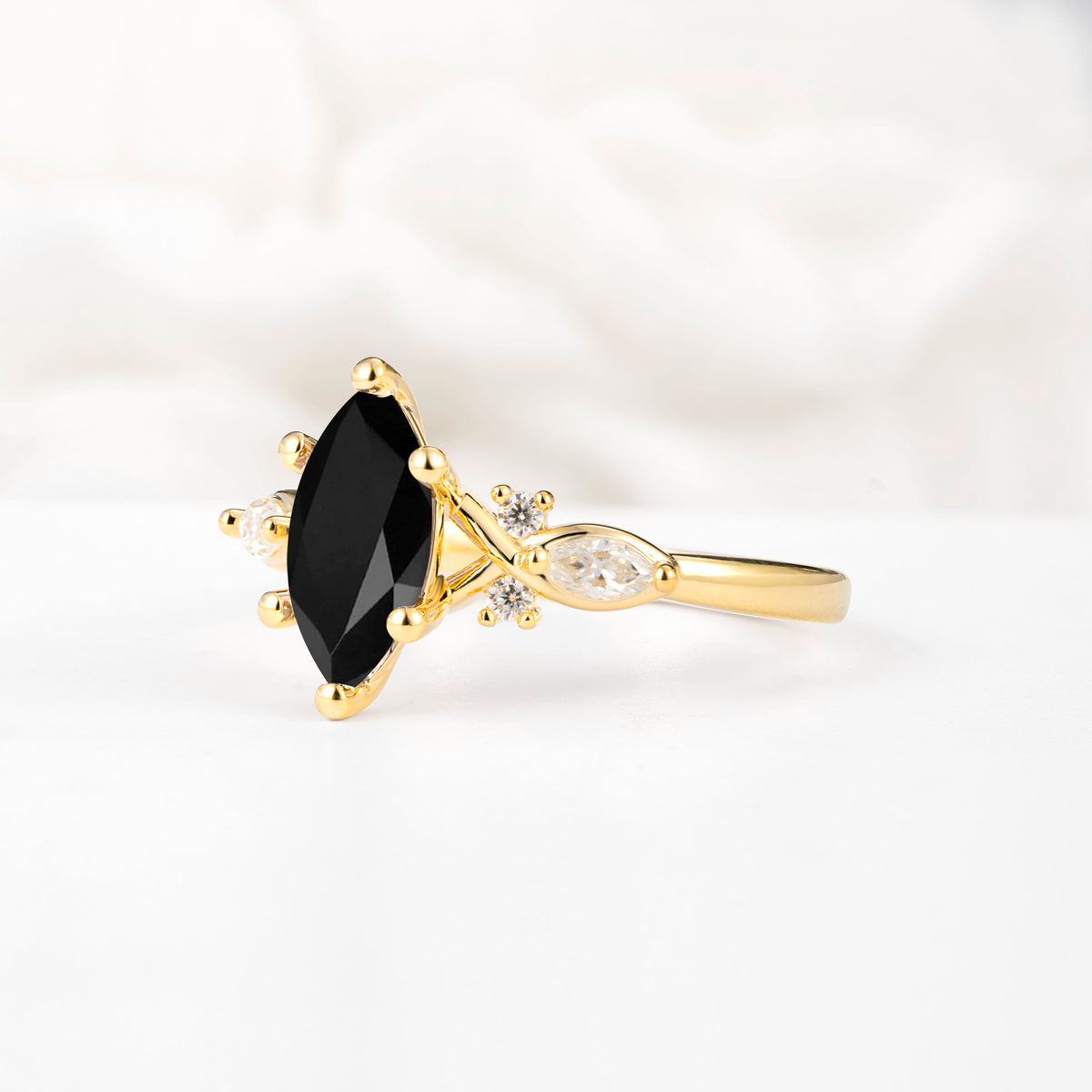 Classic Marquise Cut Side Accent Twisted Shank Black Onyx Engagement Ring - Additional view