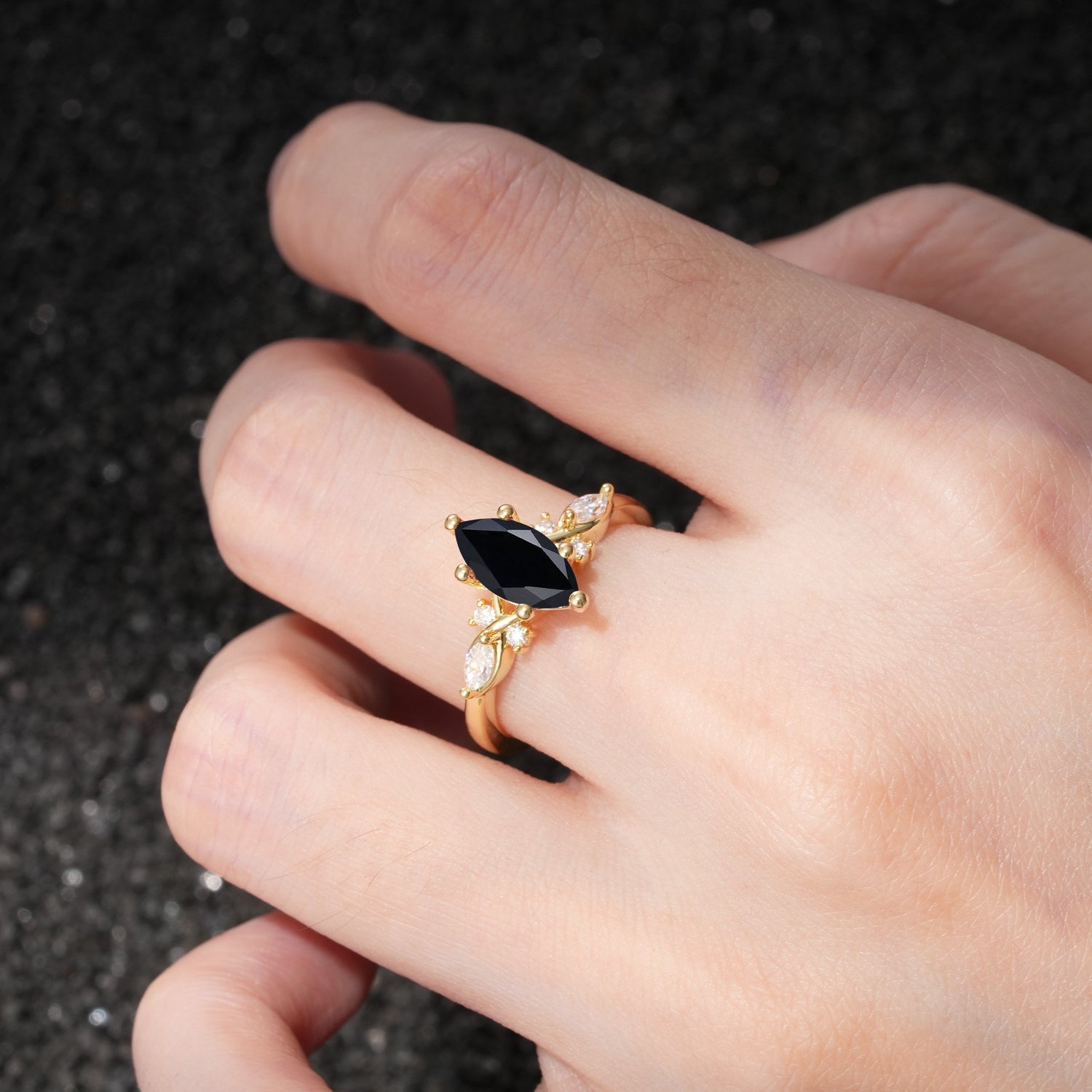 Classic Marquise Cut Side Accent Twisted Shank Black Onyx Engagement Ring