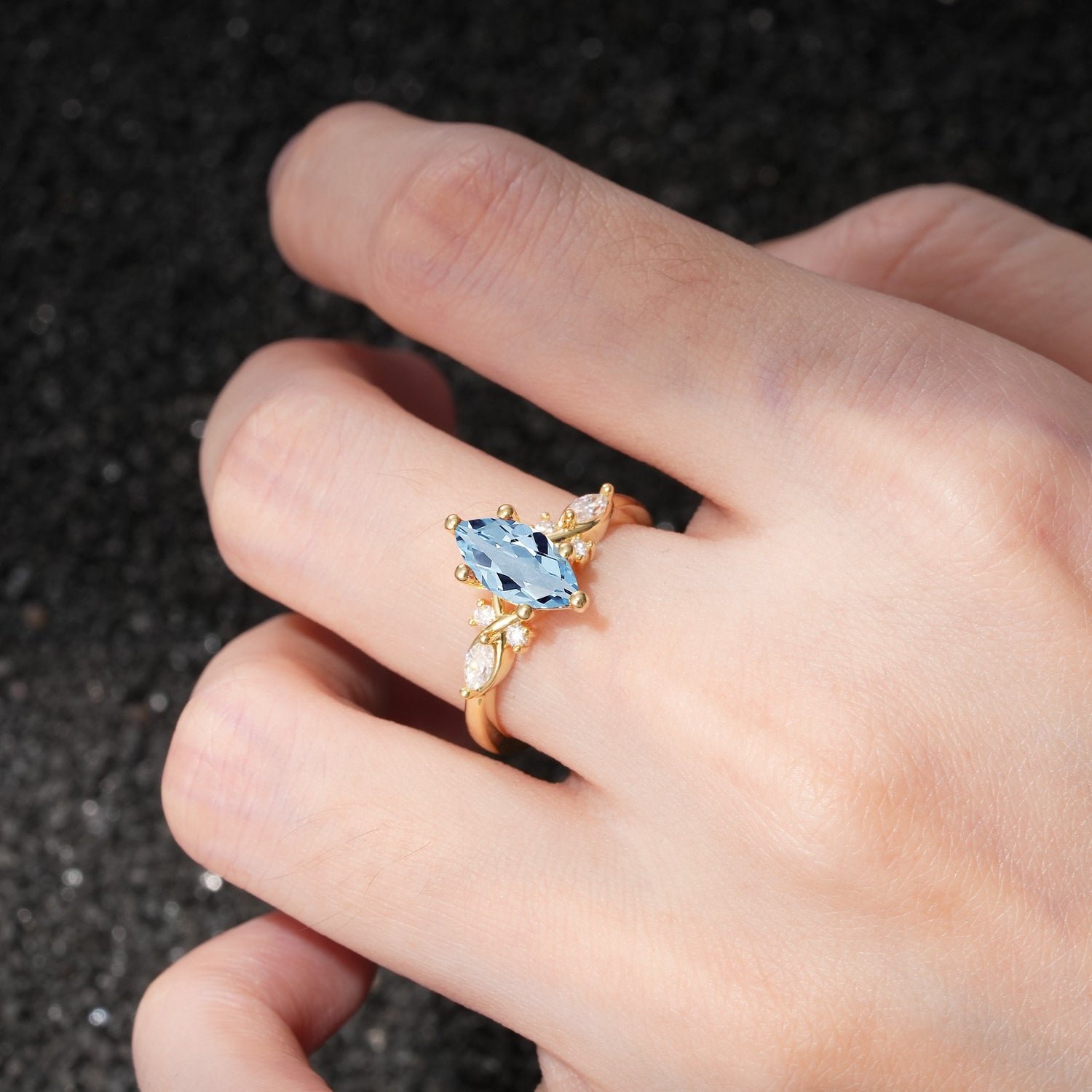 Classic Marquise Cut Side Accent Twisted Shank Aquamarine Engagement Ring