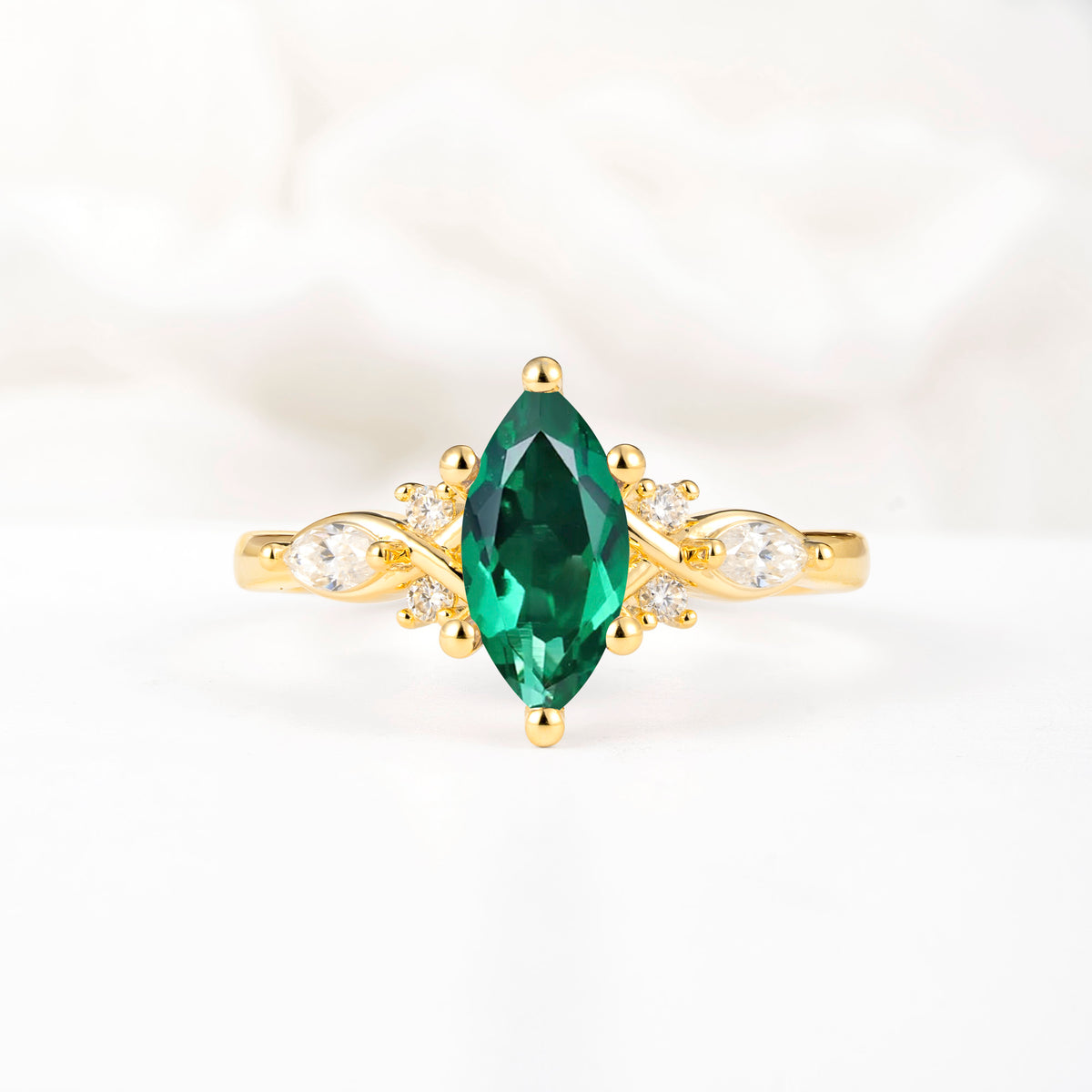 Classic Marquise Cut Side Accent Twisted Shank Emerald Engagement Ring - Additional view