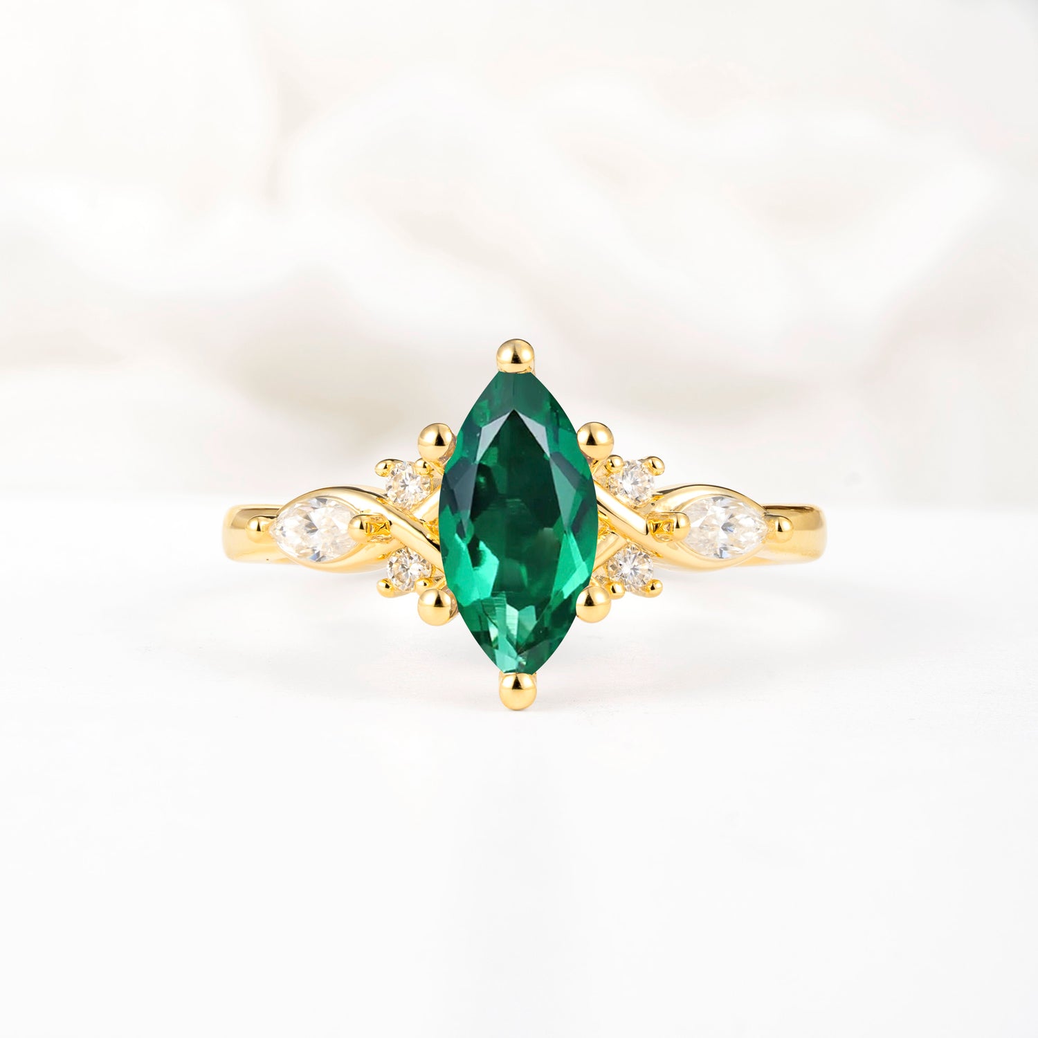Classic Marquise Cut Side Accent Twisted Shank Emerald Engagement Ring - Additional view