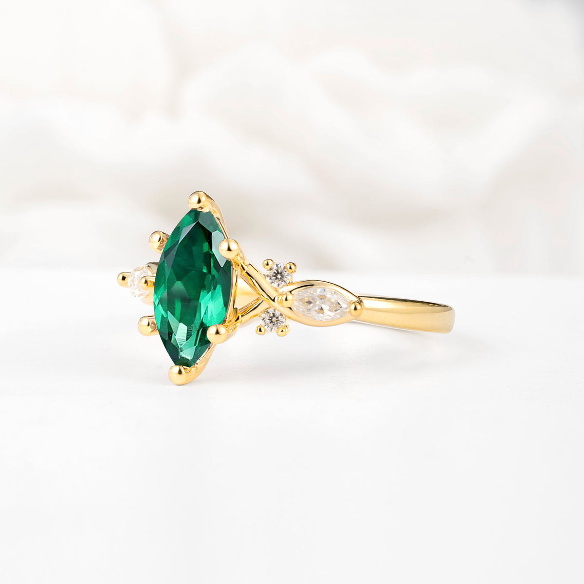 Classic Marquise Cut Side Accent Twisted Shank Emerald Engagement Ring - Additional view