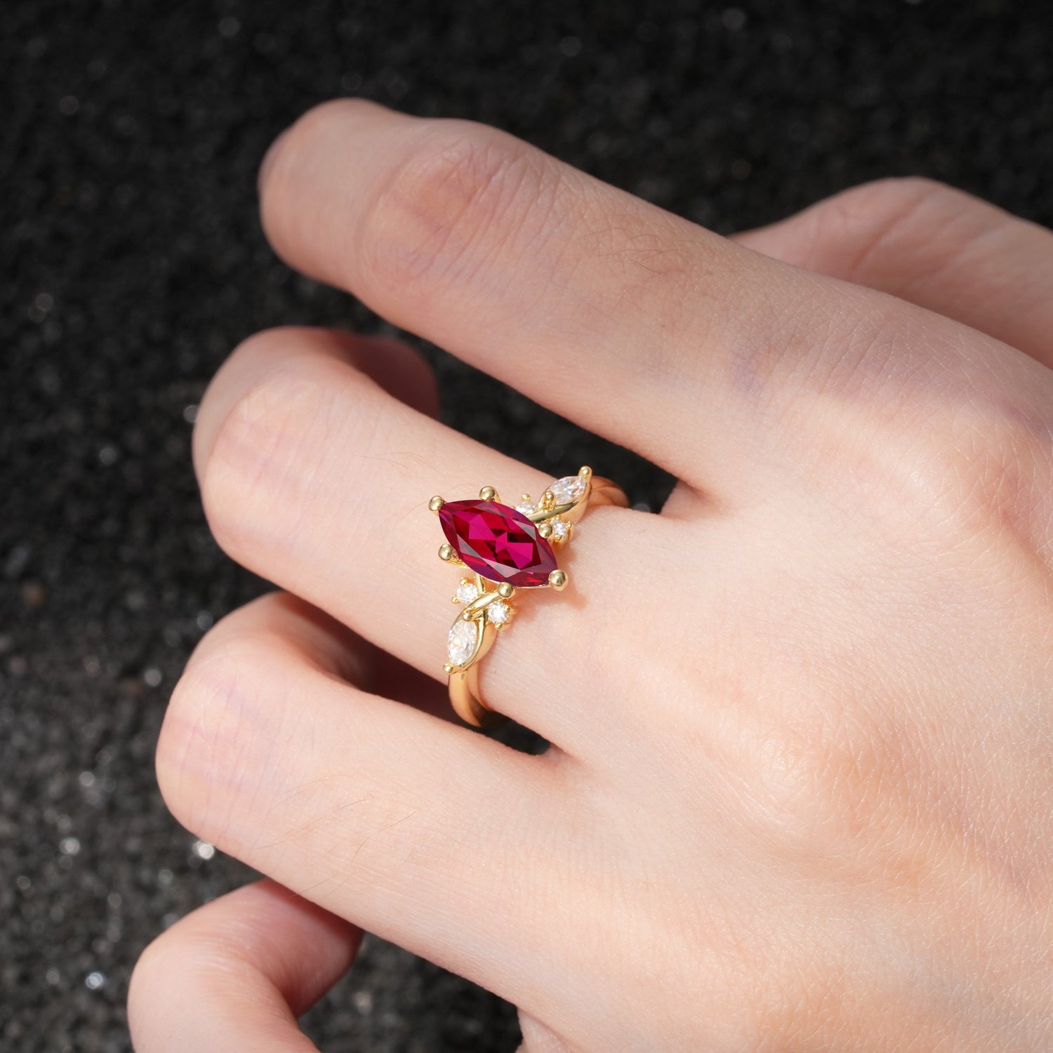 Classic Marquise Cut Side Accent Twisted Shank Ruby Engagement Ring