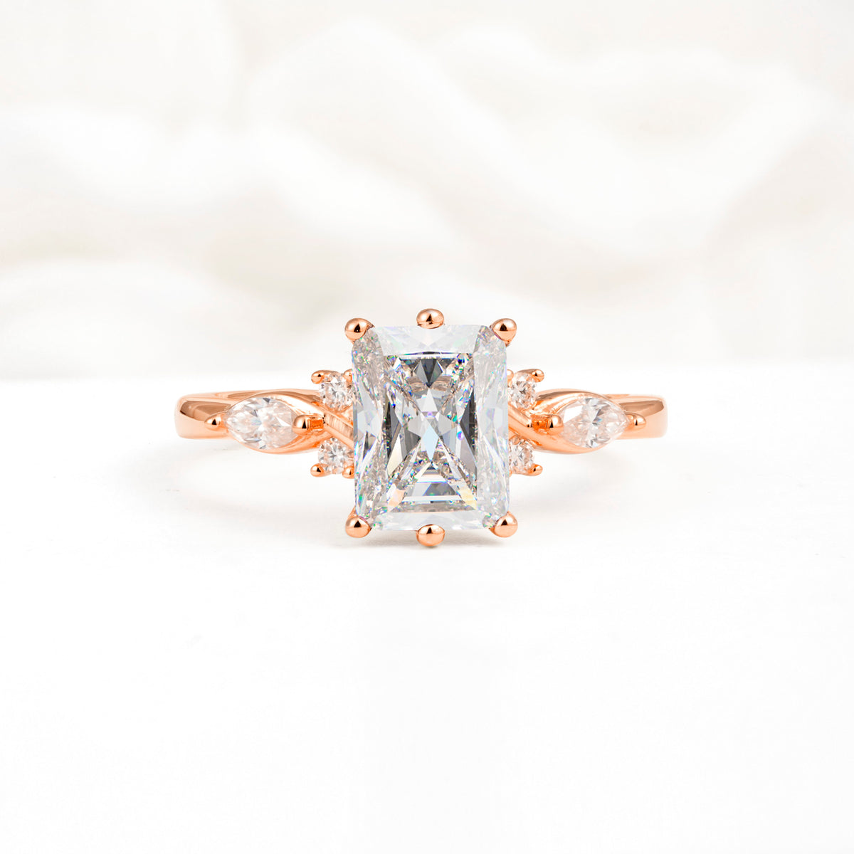 Classic Emerald Cut Leaf Side Accent Moissanite Engagement Ring - Additional view