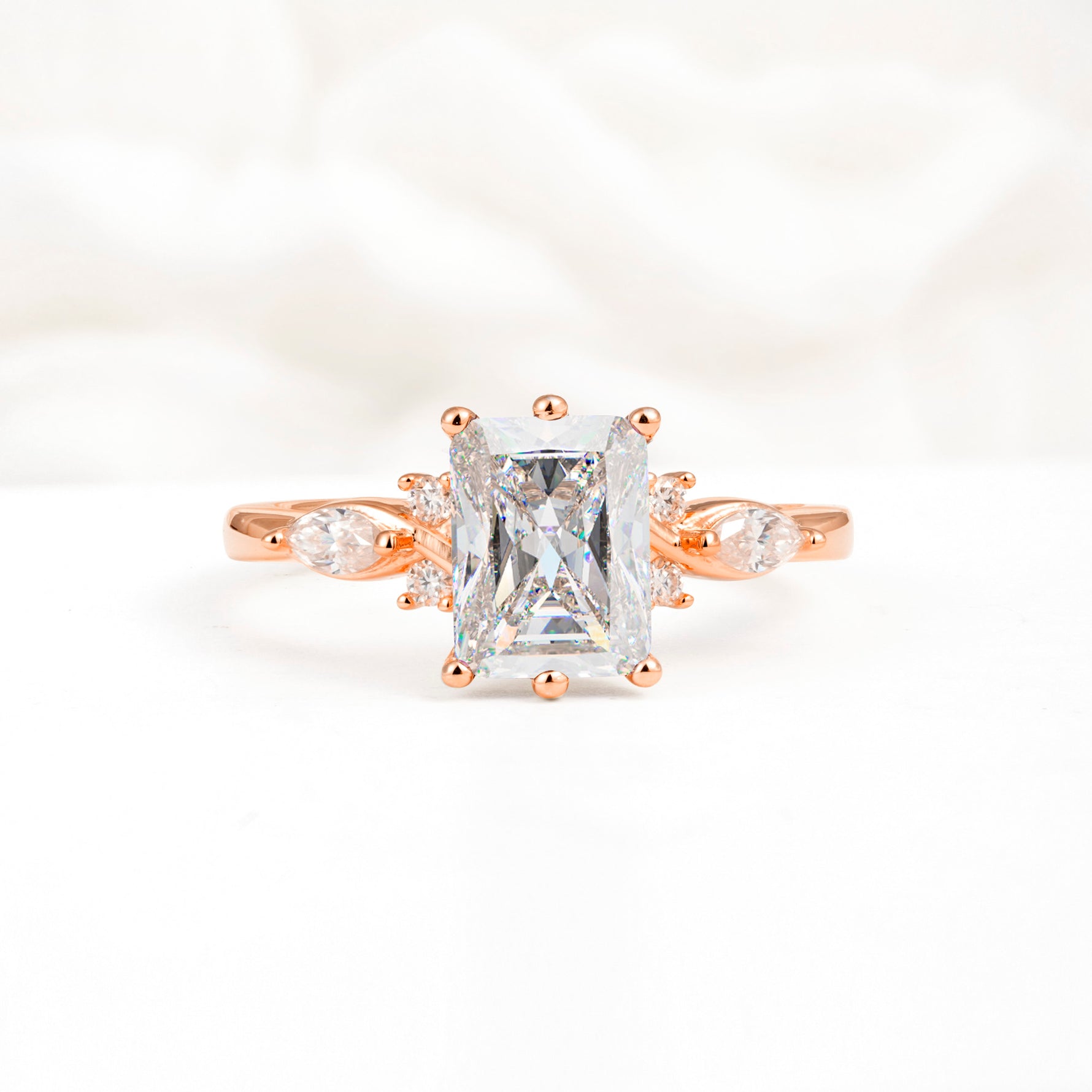 Classic Emerald Cut Leaf Side Accent Moissanite Engagement Ring - Additional view