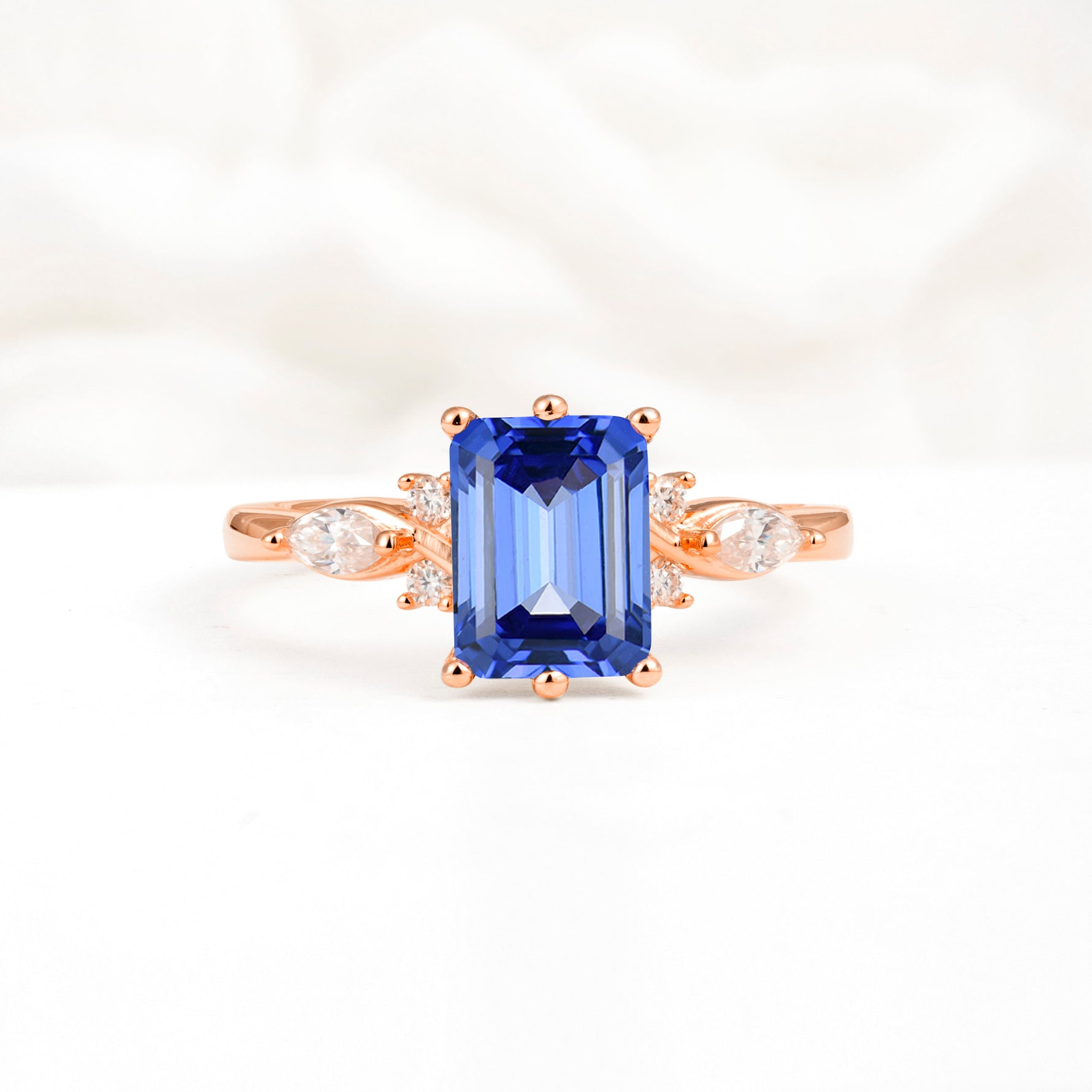 Classic Emerald Cut Leaf Side Accent Sapphire Engagement Ring - Additional view
