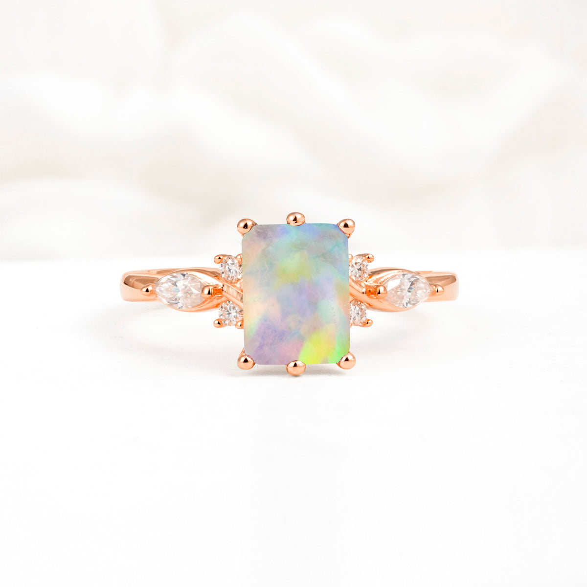 Classic Emerald Cut Leaf Side Accent Fire Opal Engagement Ring - Additional view