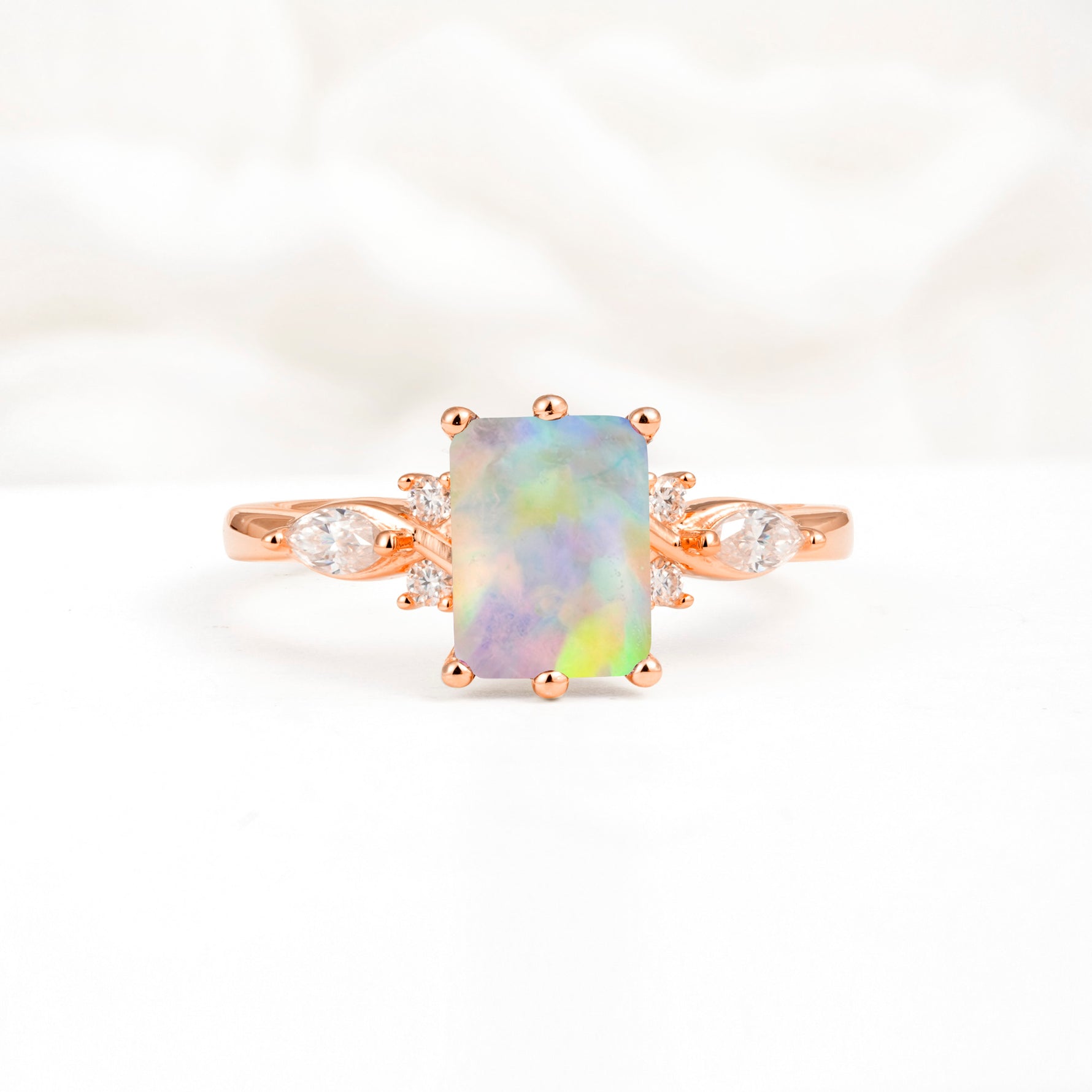 Classic Emerald Cut Leaf Side Accent Fire Opal Engagement Ring - Additional view