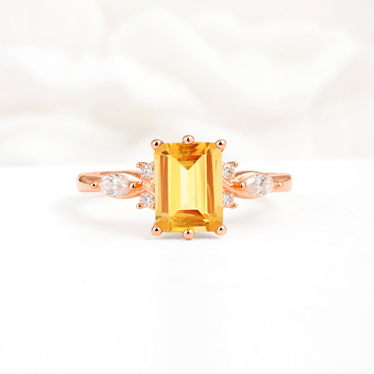 Classic Emerald Cut Leaf Side Accent Citrine Engagement Ring - Additional view