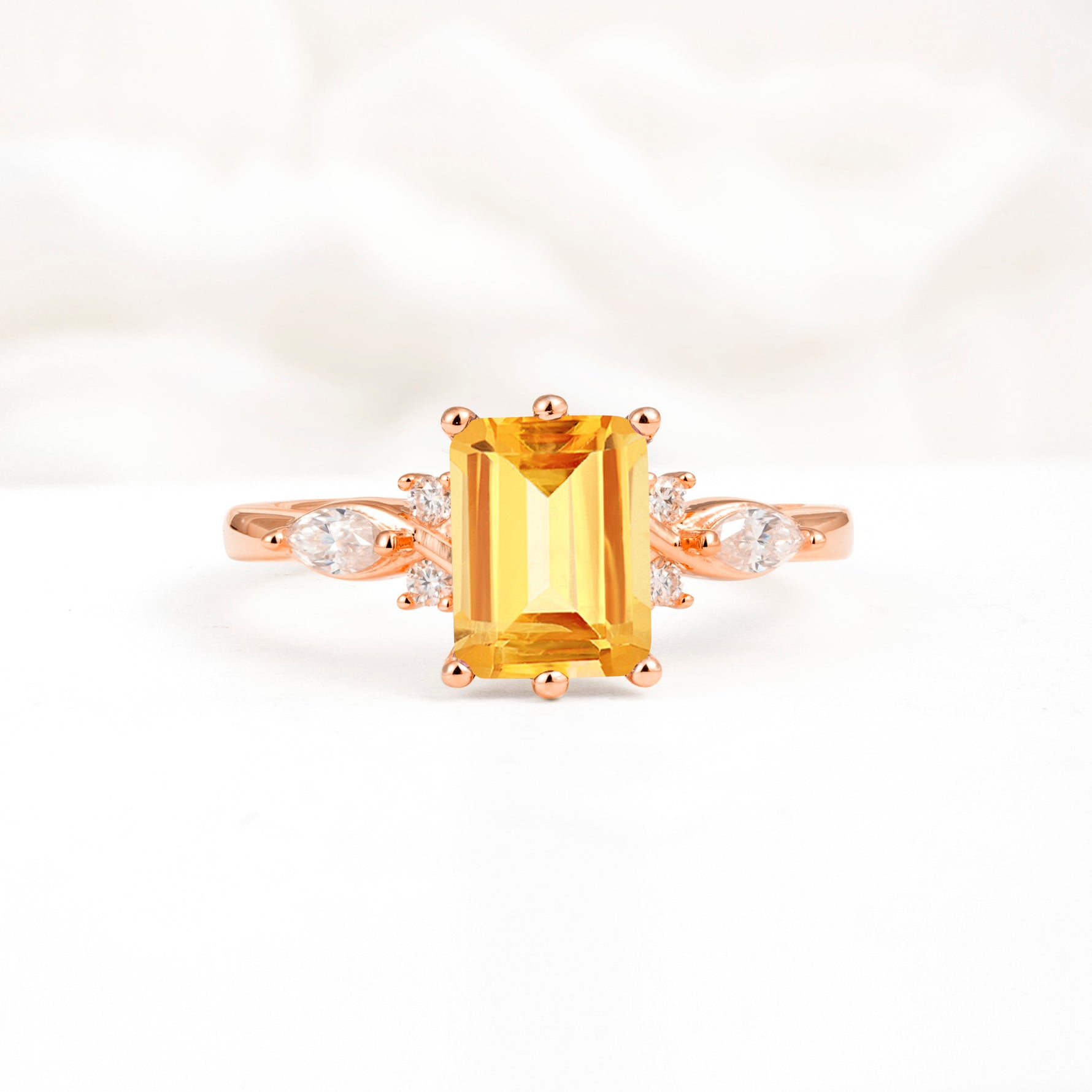 Classic Emerald Cut Leaf Side Accent Citrine Engagement Ring - Additional view