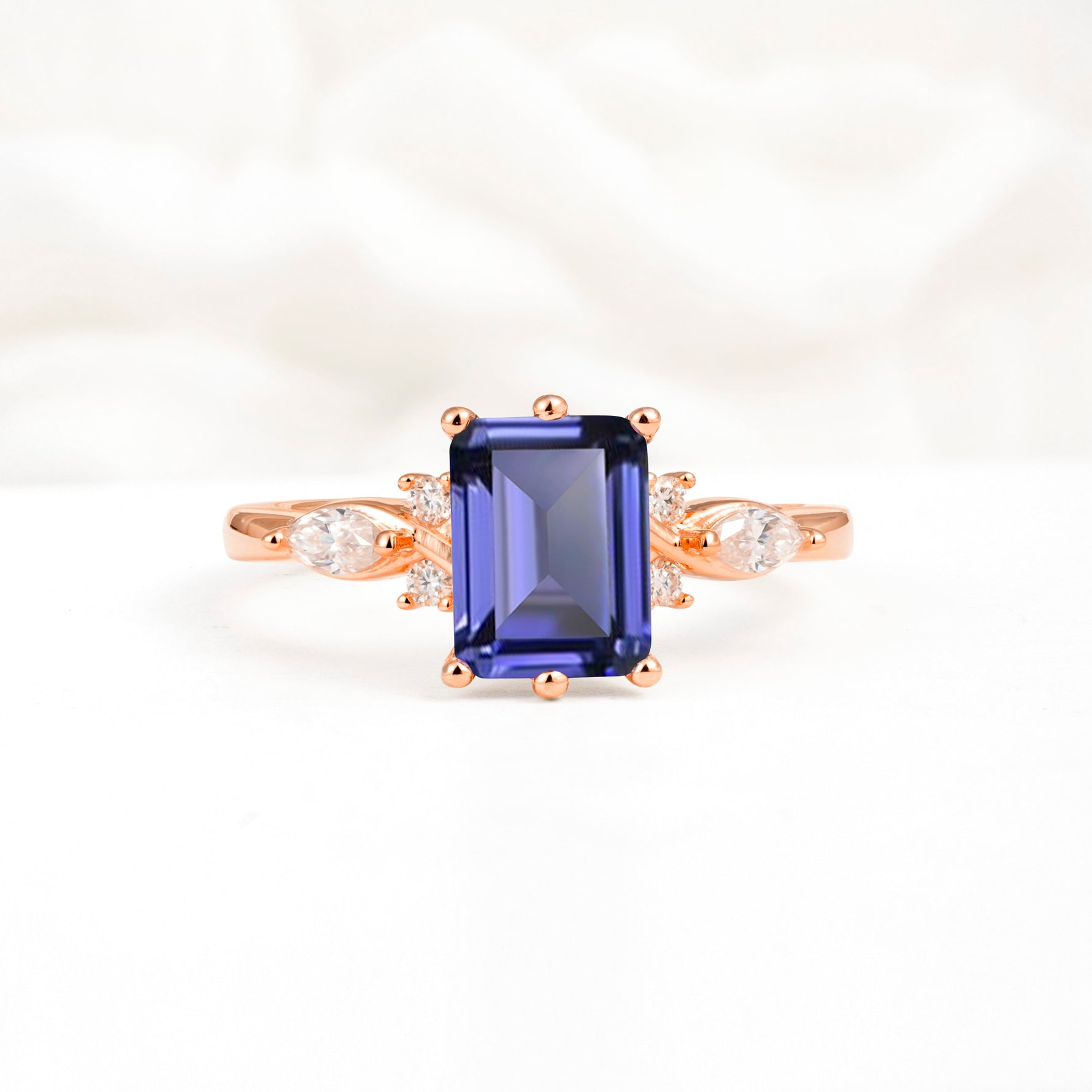 Classic Emerald Cut Leaf Side Accent Tanzanite Engagement Ring - Additional view