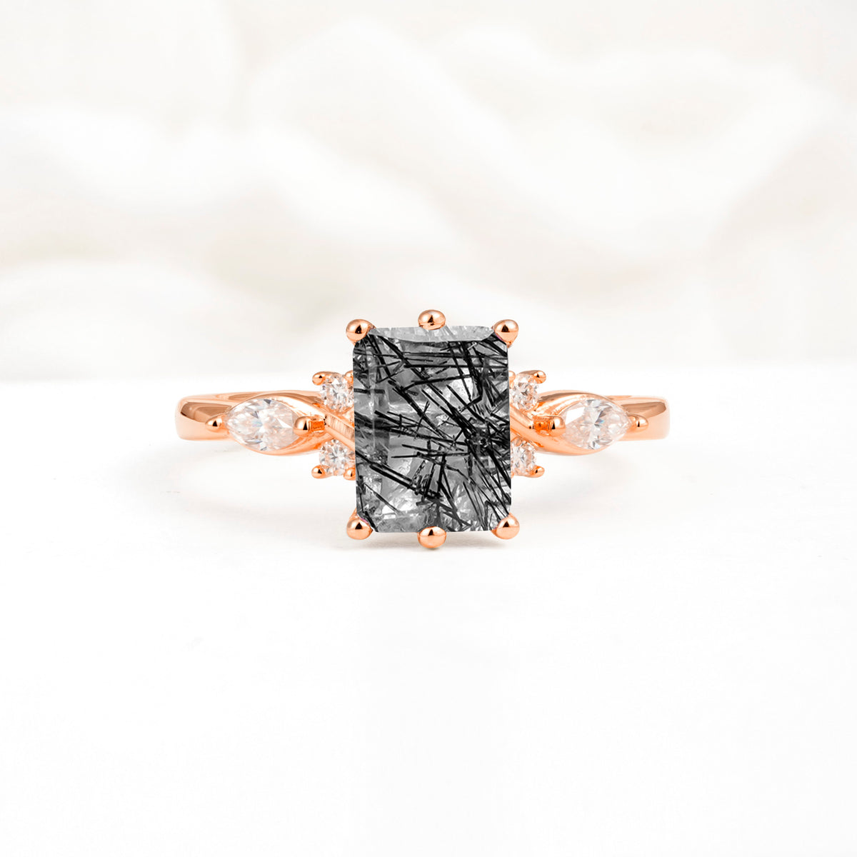 Classic Emerald Cut Leaf Side Accent Black Rutilated Quartz Engagement Ring - Additional view