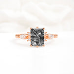 Classic Emerald Cut Leaf Side Accent Black Rutilated Quartz Engagement Ring - Additional view