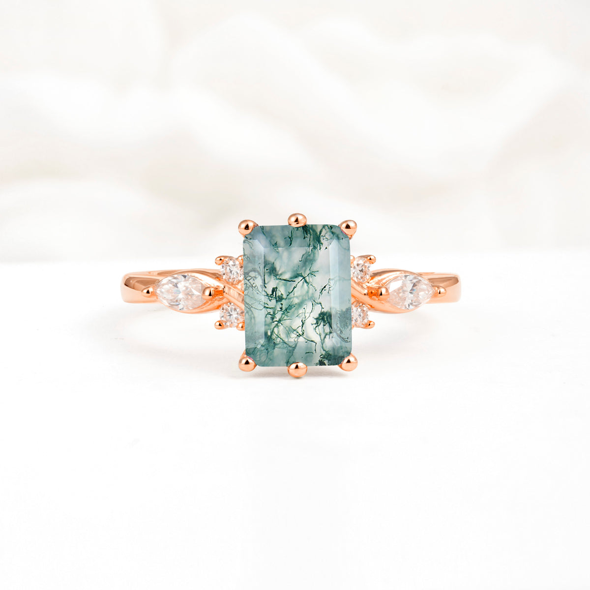 Classic Emerald Cut Leaf Side Accent Moss Agate Engagement Ring - Additional view