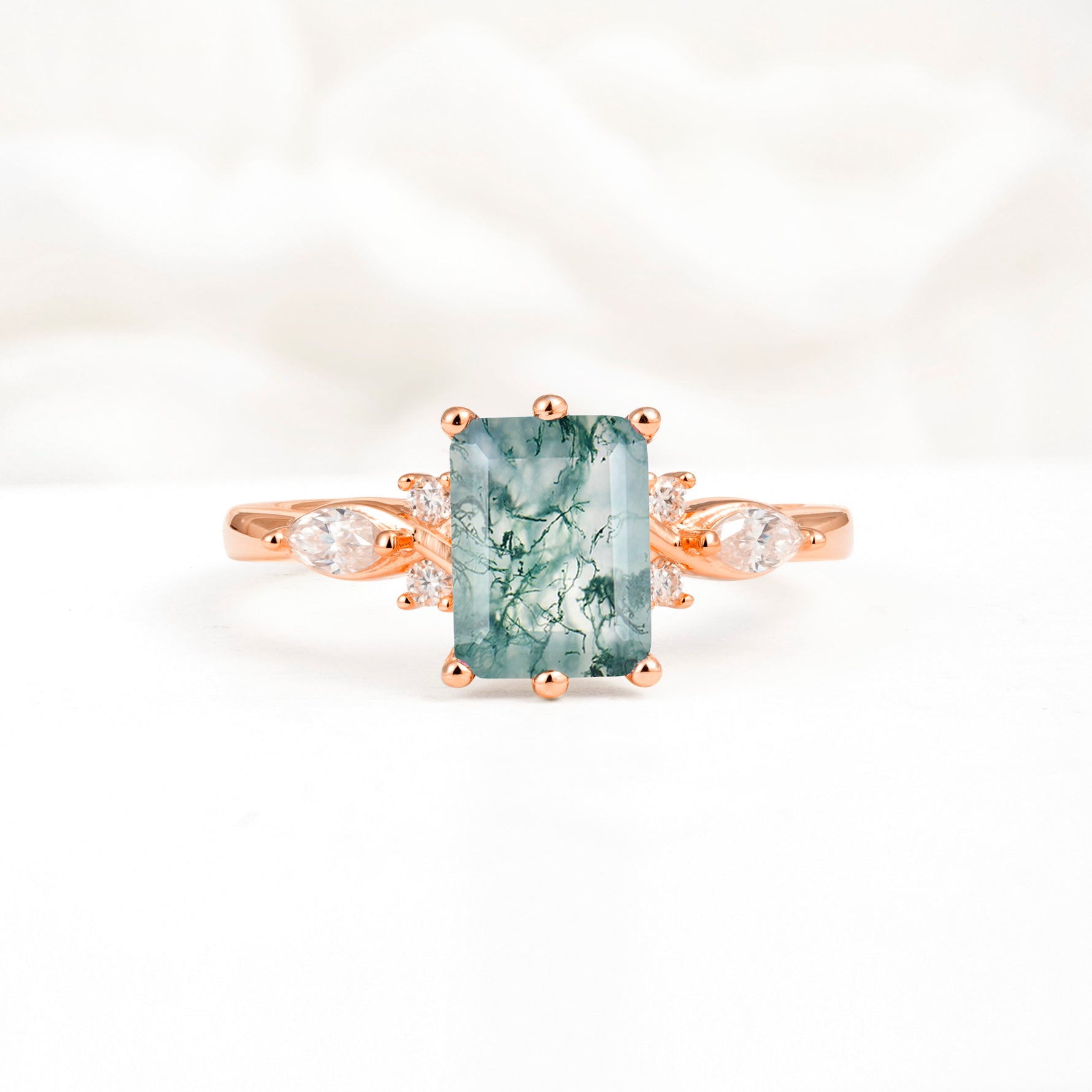 Classic Emerald Cut Leaf Side Accent Moss Agate Engagement Ring - Additional view