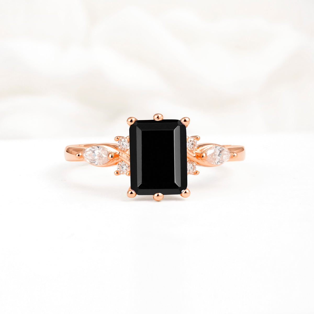 Classic Emerald Cut Leaf Side Accent Black Onyx Engagement Ring - Additional view