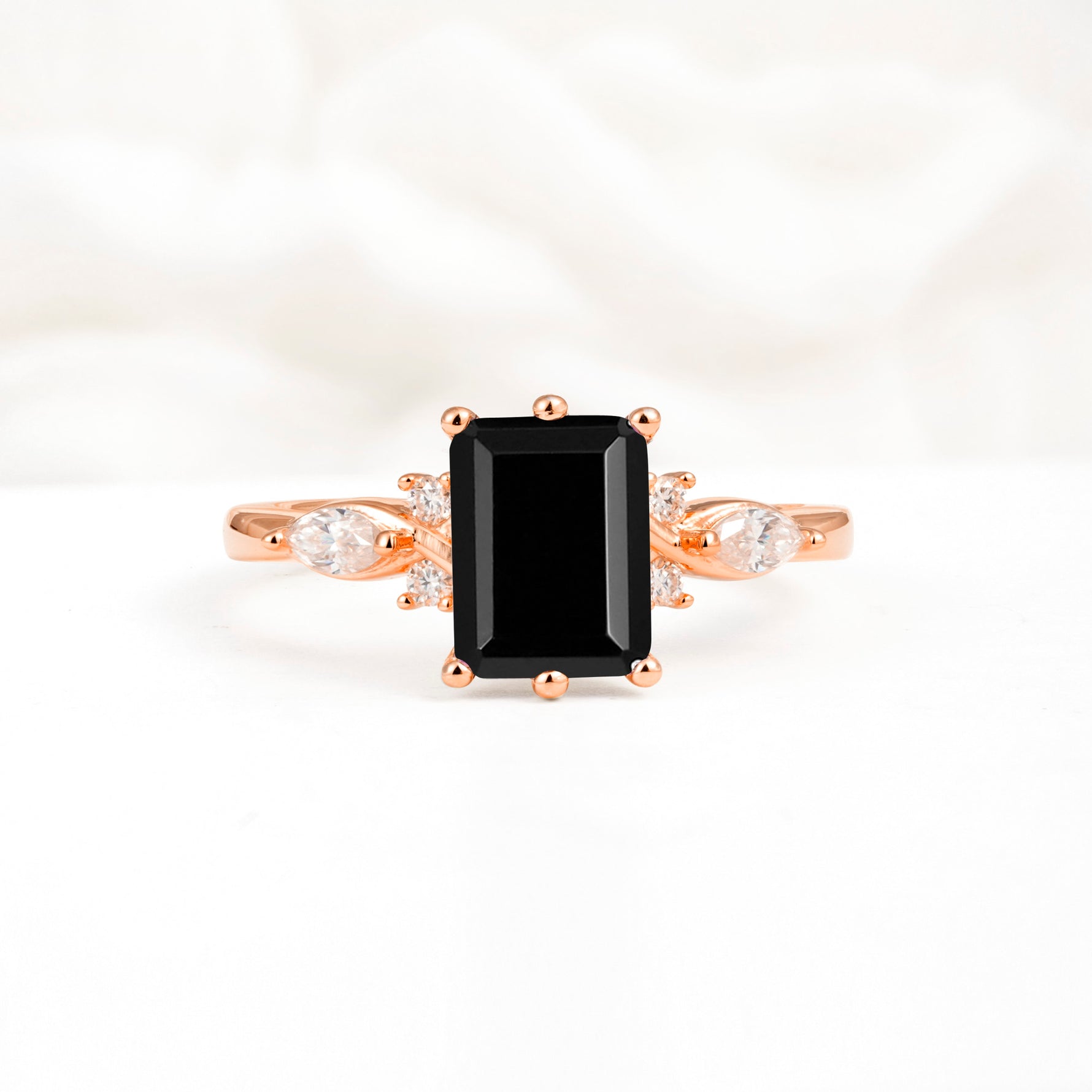 Classic Emerald Cut Leaf Side Accent Black Onyx Engagement Ring - Additional view