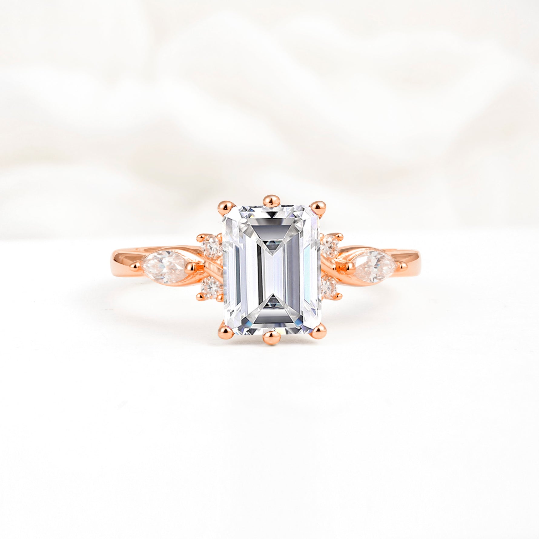 Classic Emerald Cut Leaf Side Accent Lab Diamond Engagement Ring - Additional view