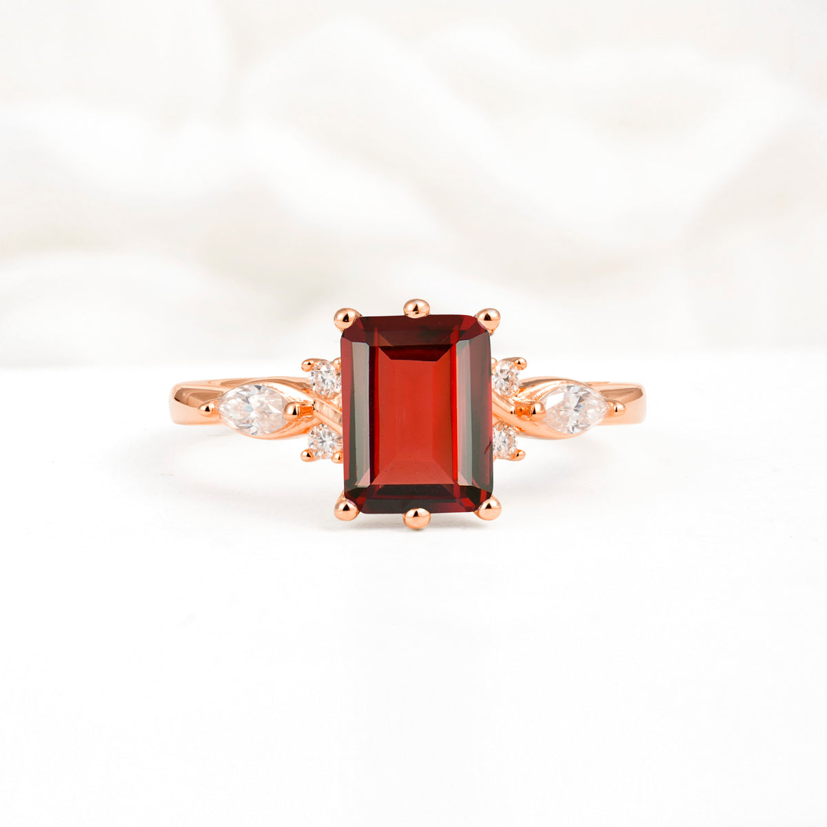 Classic Emerald Cut Leaf Side Accent Garnet Engagement Ring - Additional view
