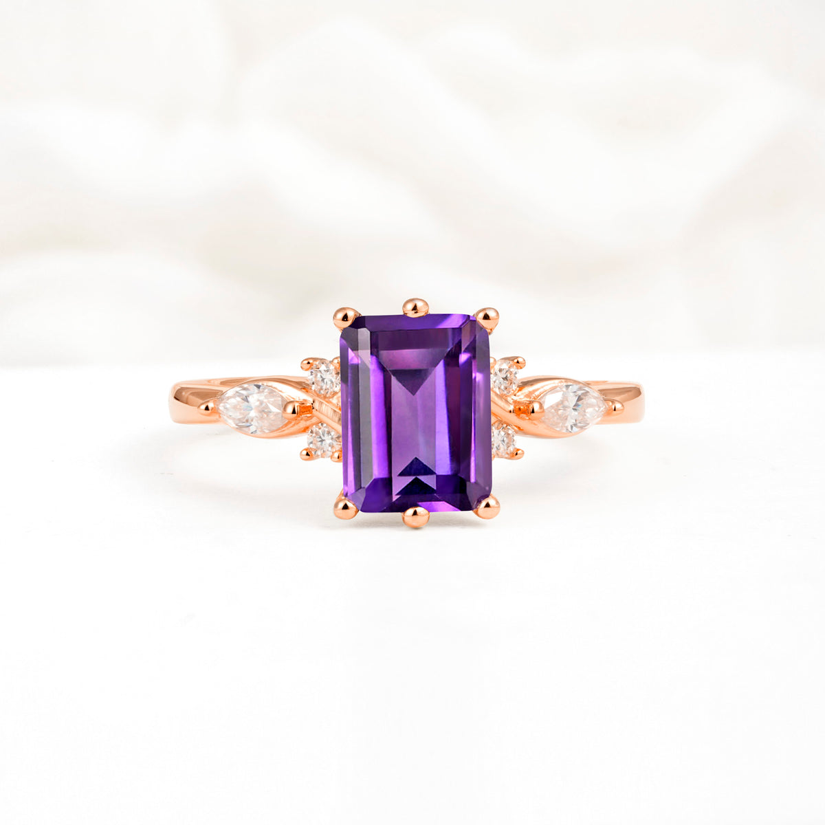 Classic Emerald Cut Leaf Side Accent Amethyst Engagement Ring - Additional view