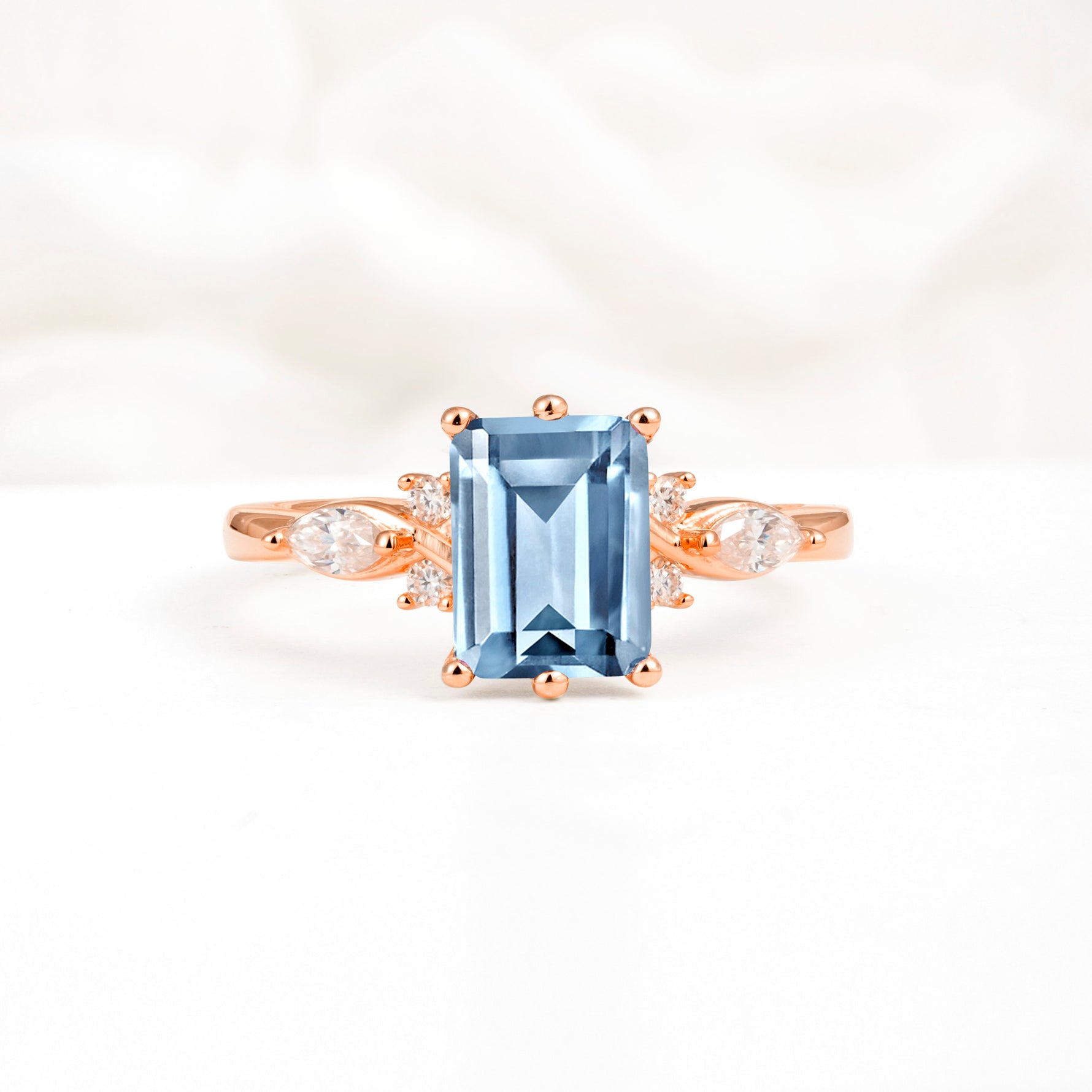 Classic Emerald Cut Leaf Side Accent Aquamarine Engagement Ring - Additional view